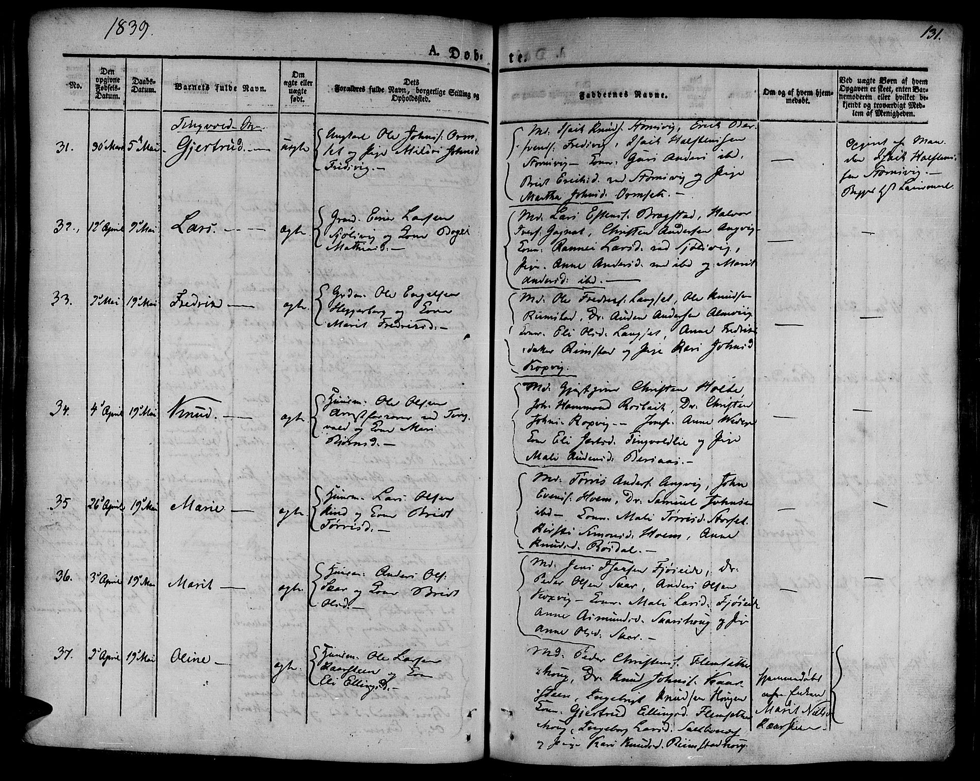 Ministerialprotokoller, klokkerbøker og fødselsregistre - Møre og Romsdal, AV/SAT-A-1454/586/L0983: Parish register (official) no. 586A09, 1829-1843, p. 131