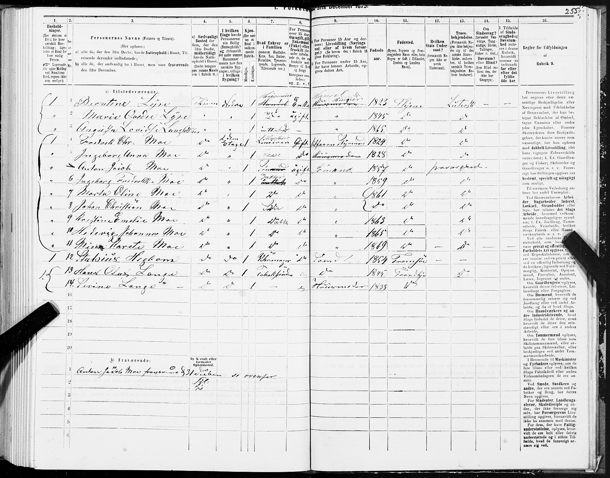 SAT, 1875 census for 1601 Trondheim, 1875, p. 1255