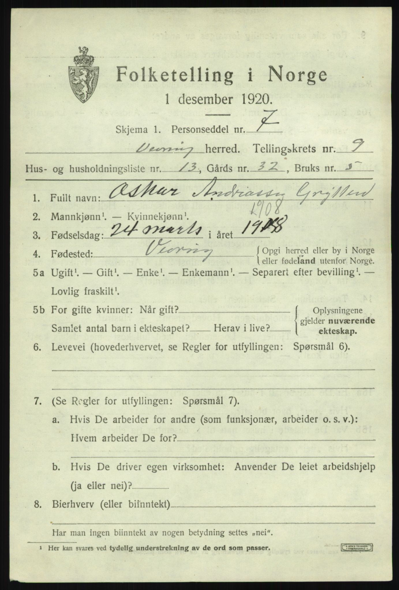 SAB, 1920 census for Vevring, 1920, p. 2520