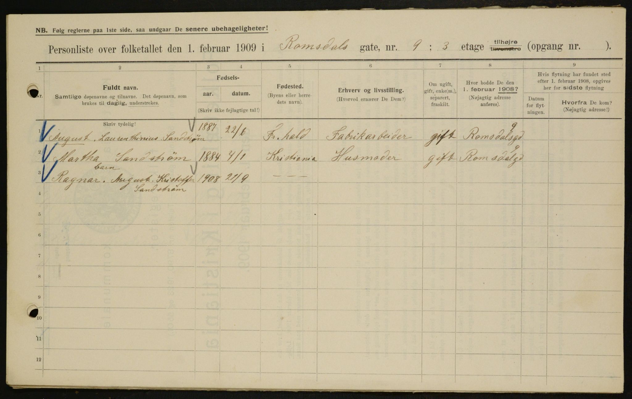 OBA, Municipal Census 1909 for Kristiania, 1909, p. 75537