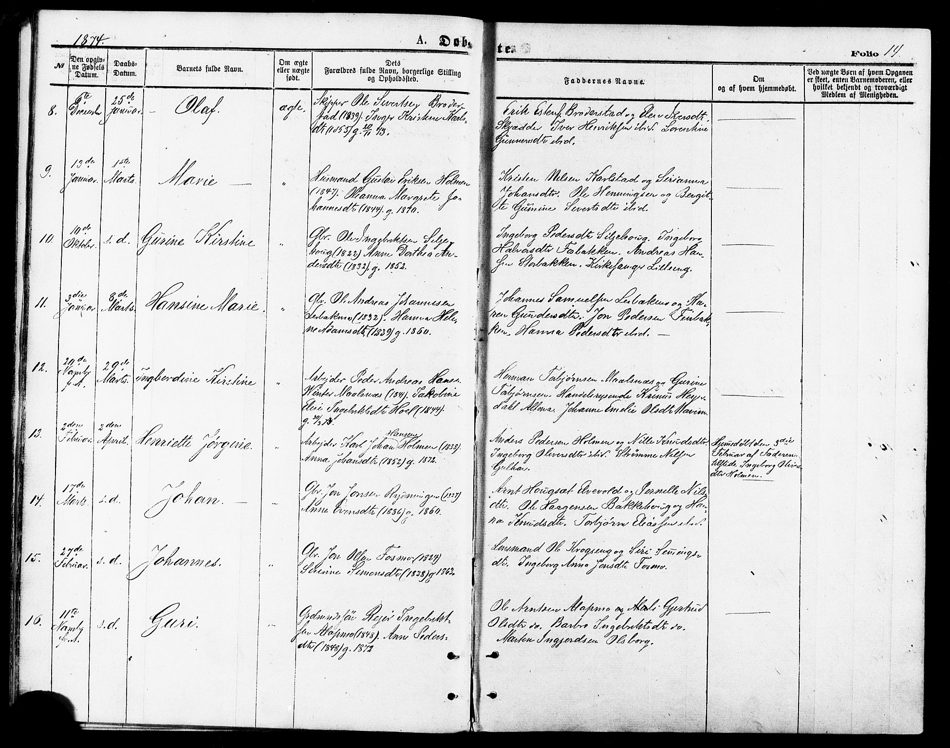 Målselv sokneprestembete, SATØ/S-1311/G/Ga/Gaa/L0005kirke: Parish register (official) no. 5, 1872-1884, p. 14