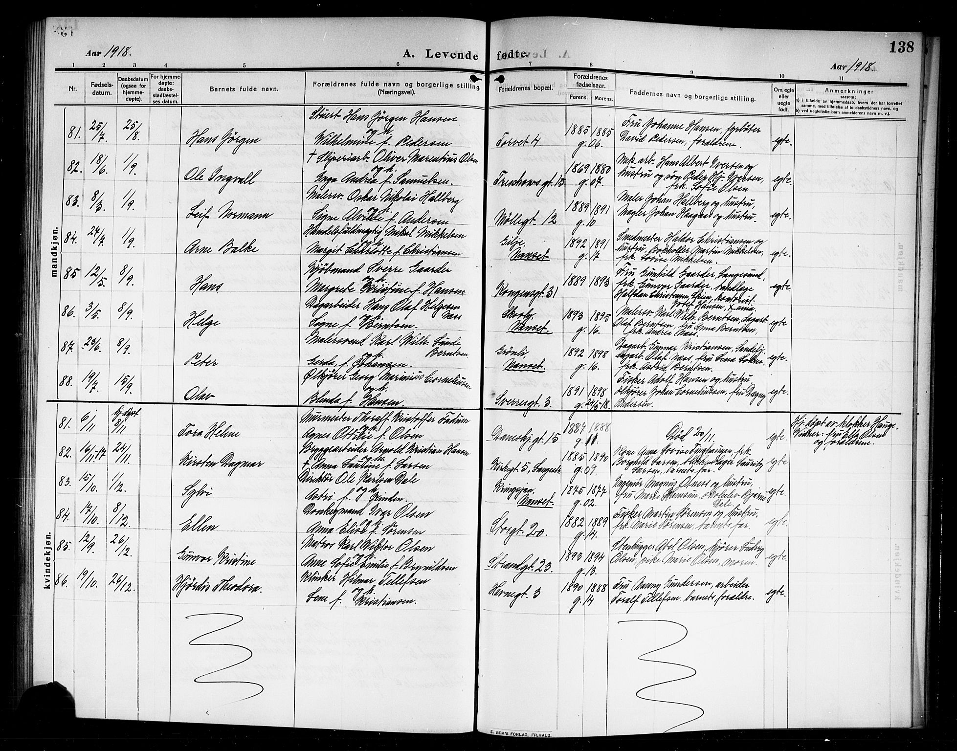 Larvik kirkebøker, AV/SAKO-A-352/G/Ga/L0008: Parish register (copy) no. I 8, 1909-1920, p. 138