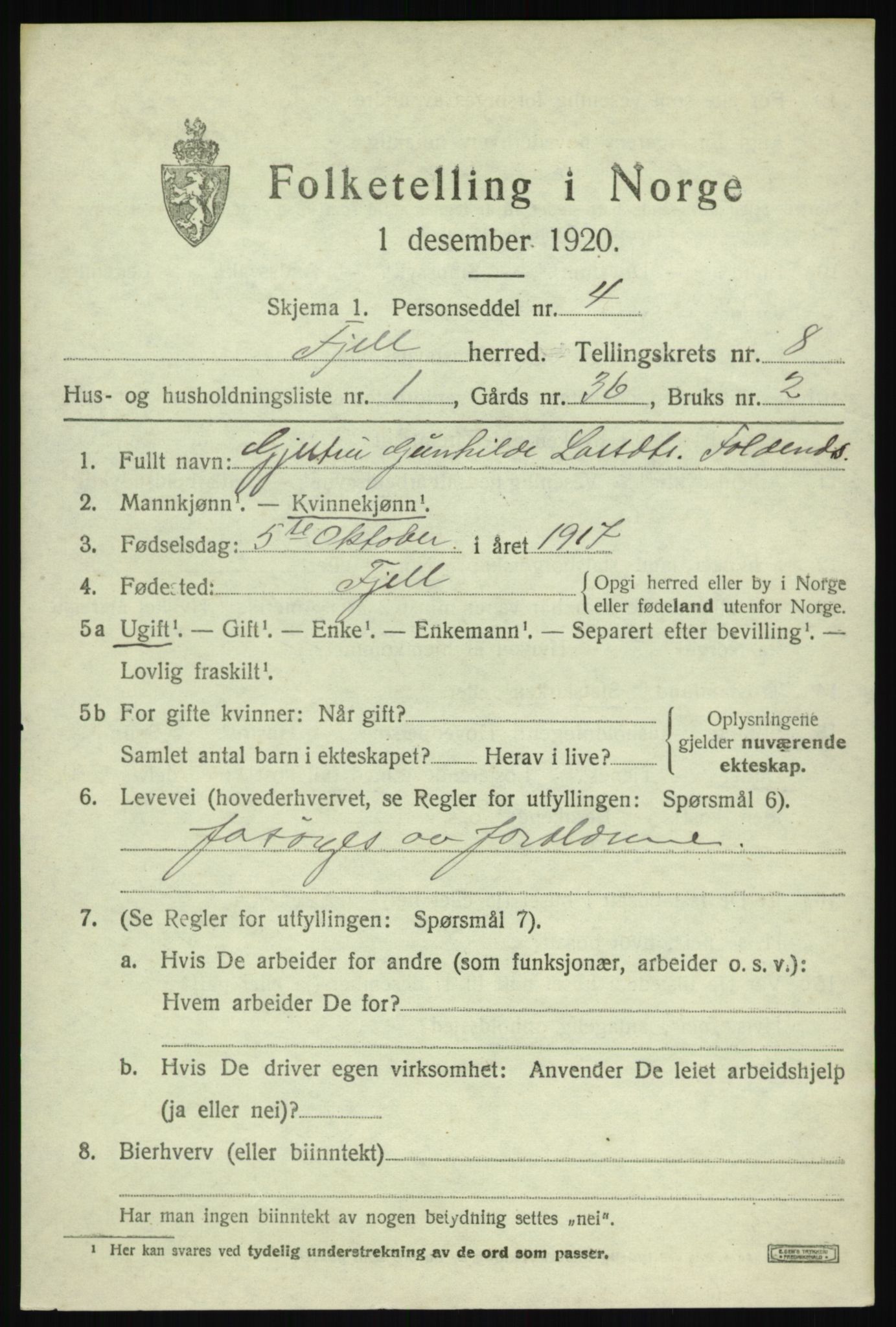 SAB, 1920 census for Fjell, 1920, p. 7124