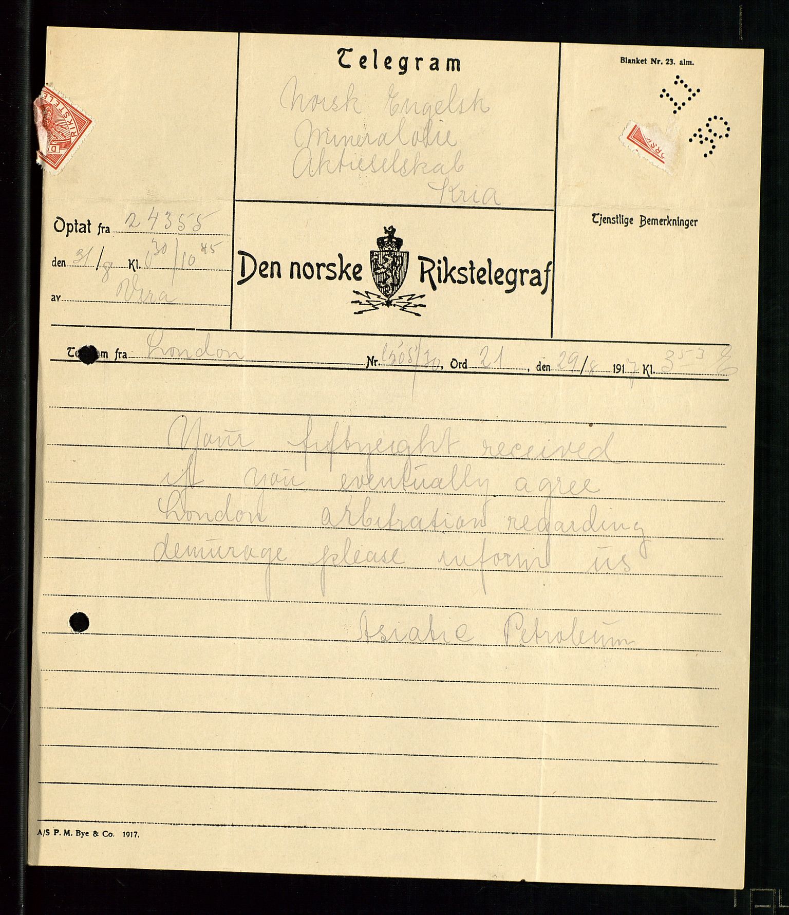 Pa 1521 - A/S Norske Shell, AV/SAST-A-101915/E/Ea/Eaa/L0001: Sjefskorrespondanse, 1917, p. 153