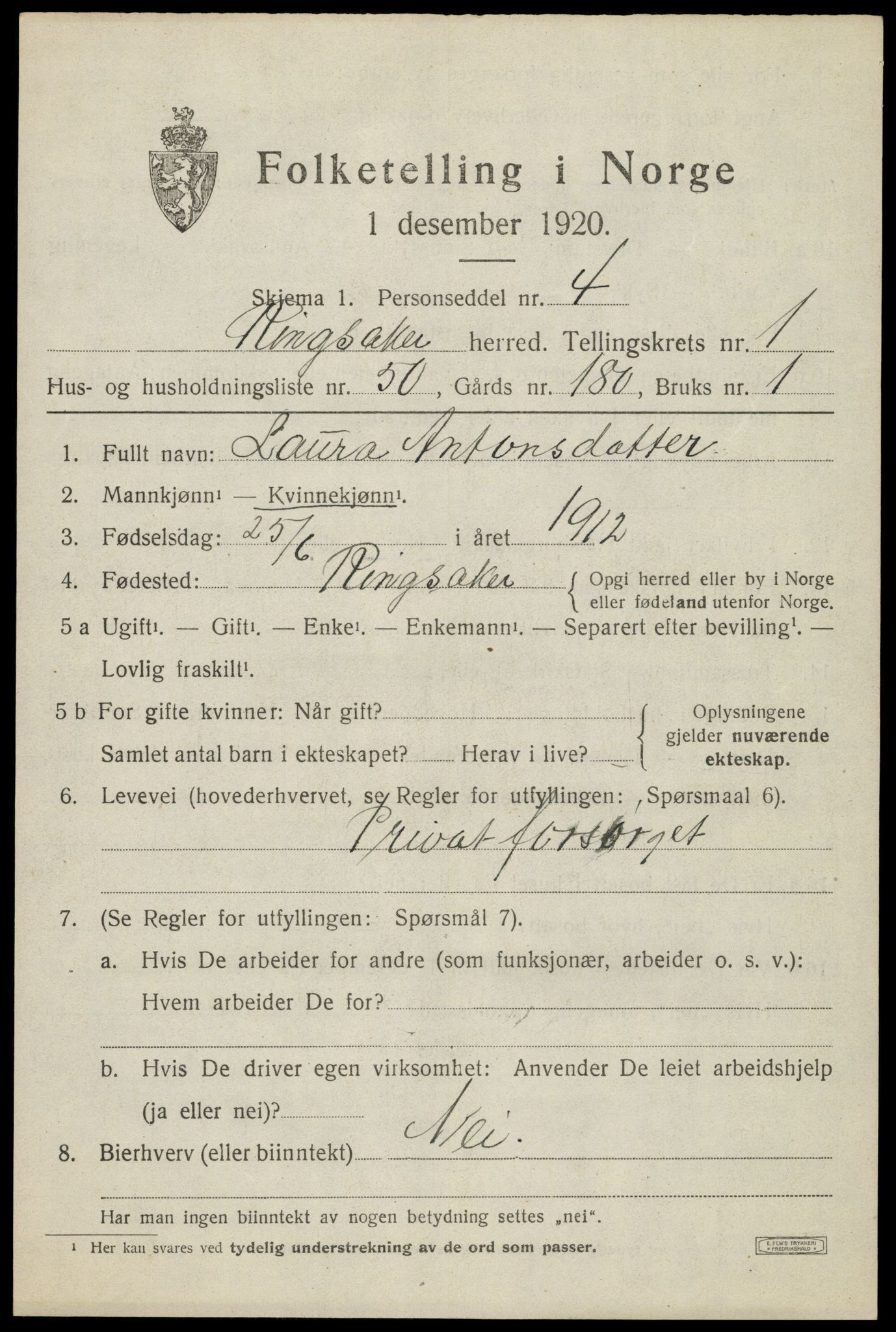 SAH, 1920 census for Ringsaker, 1920, p. 4942