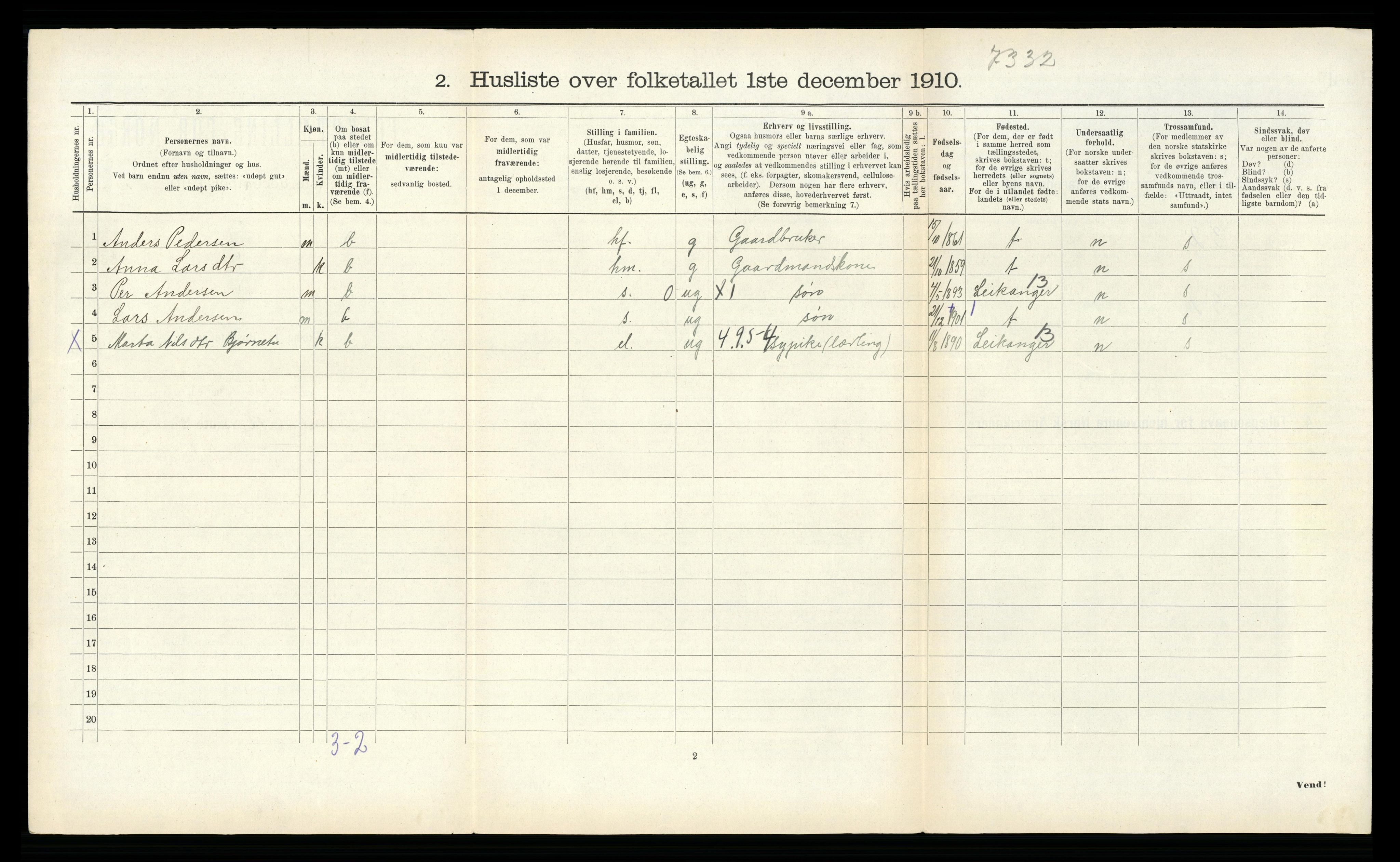 RA, 1910 census for Aurland, 1910, p. 264