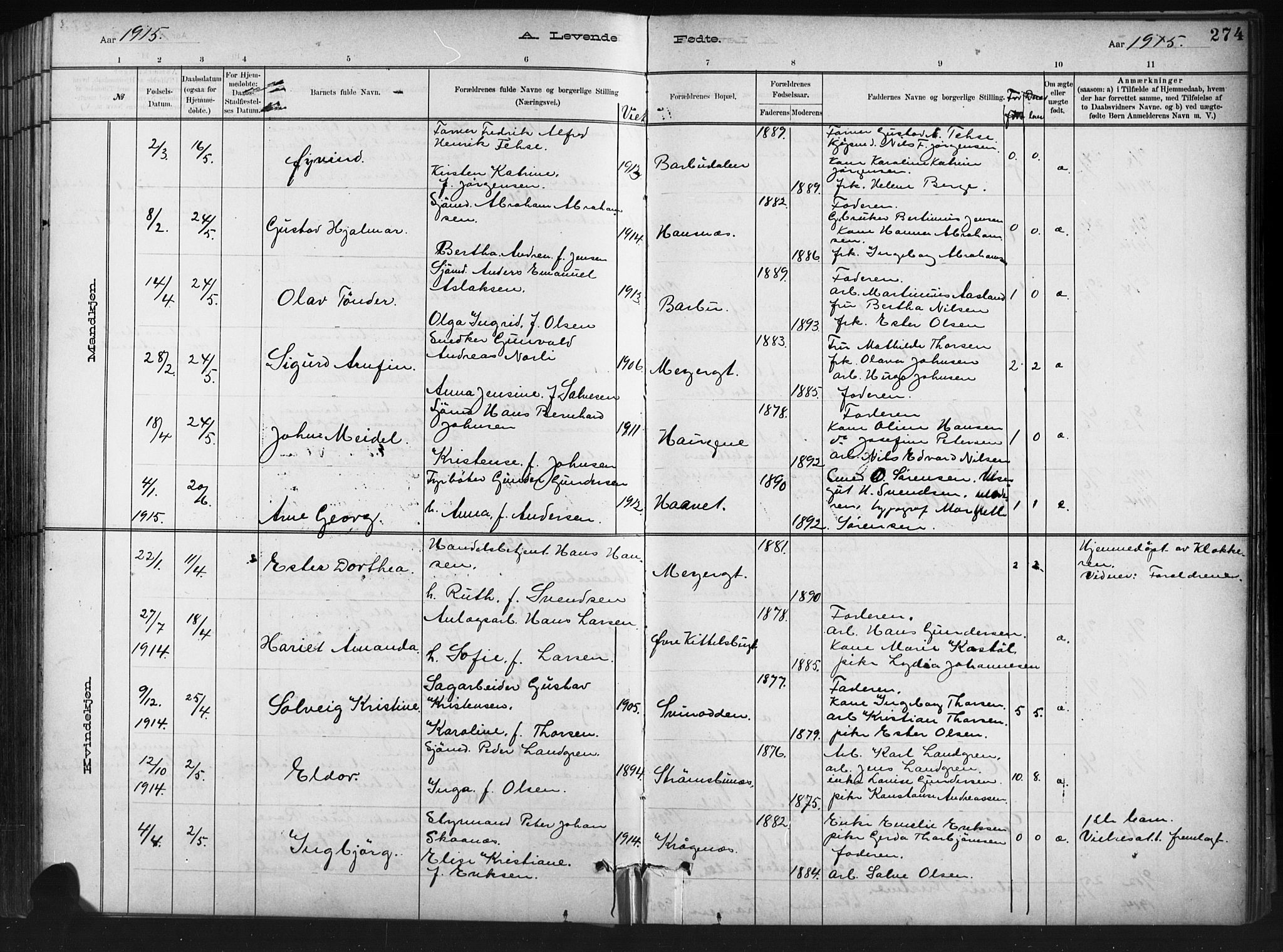 Barbu sokneprestkontor, AV/SAK-1111-0003/F/Fb/L0002: Parish register (copy) no. B 2, 1890-1922, p. 274