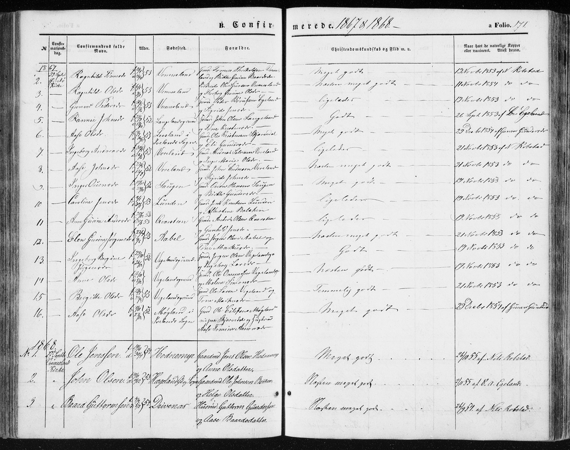 Vennesla sokneprestkontor, AV/SAK-1111-0045/Fa/Fac/L0007: Parish register (official) no. A 7, 1855-1873, p. 171
