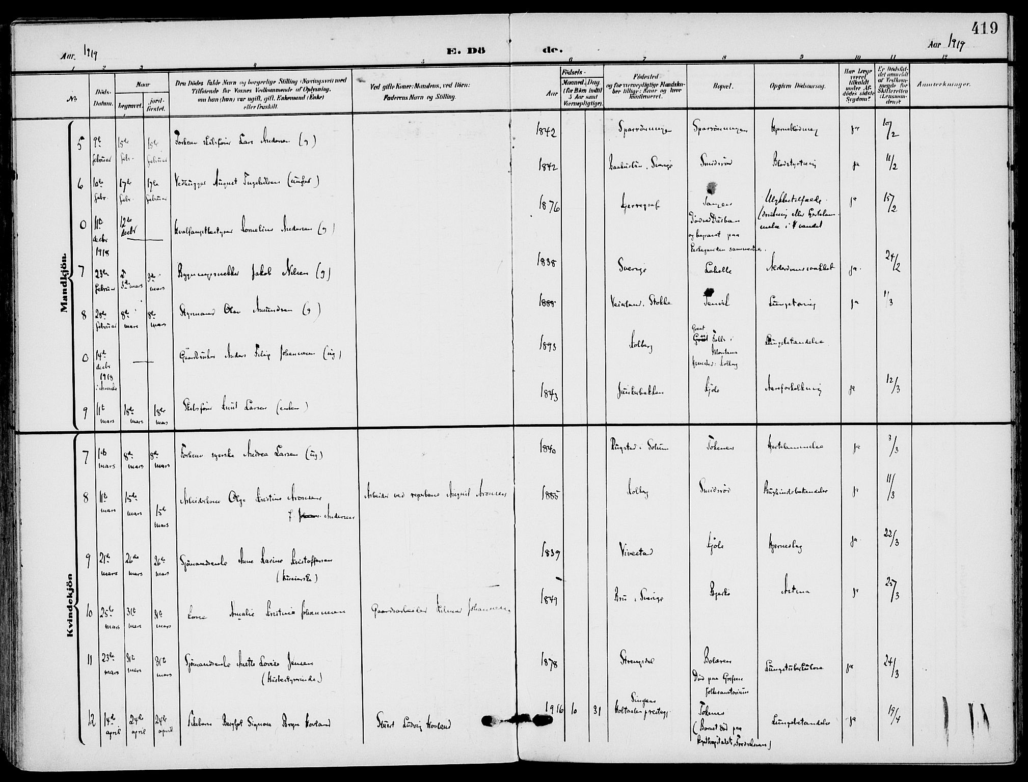 Nøtterøy kirkebøker, AV/SAKO-A-354/F/Fa/L0010: Parish register (official) no. I 10, 1908-1919, p. 419