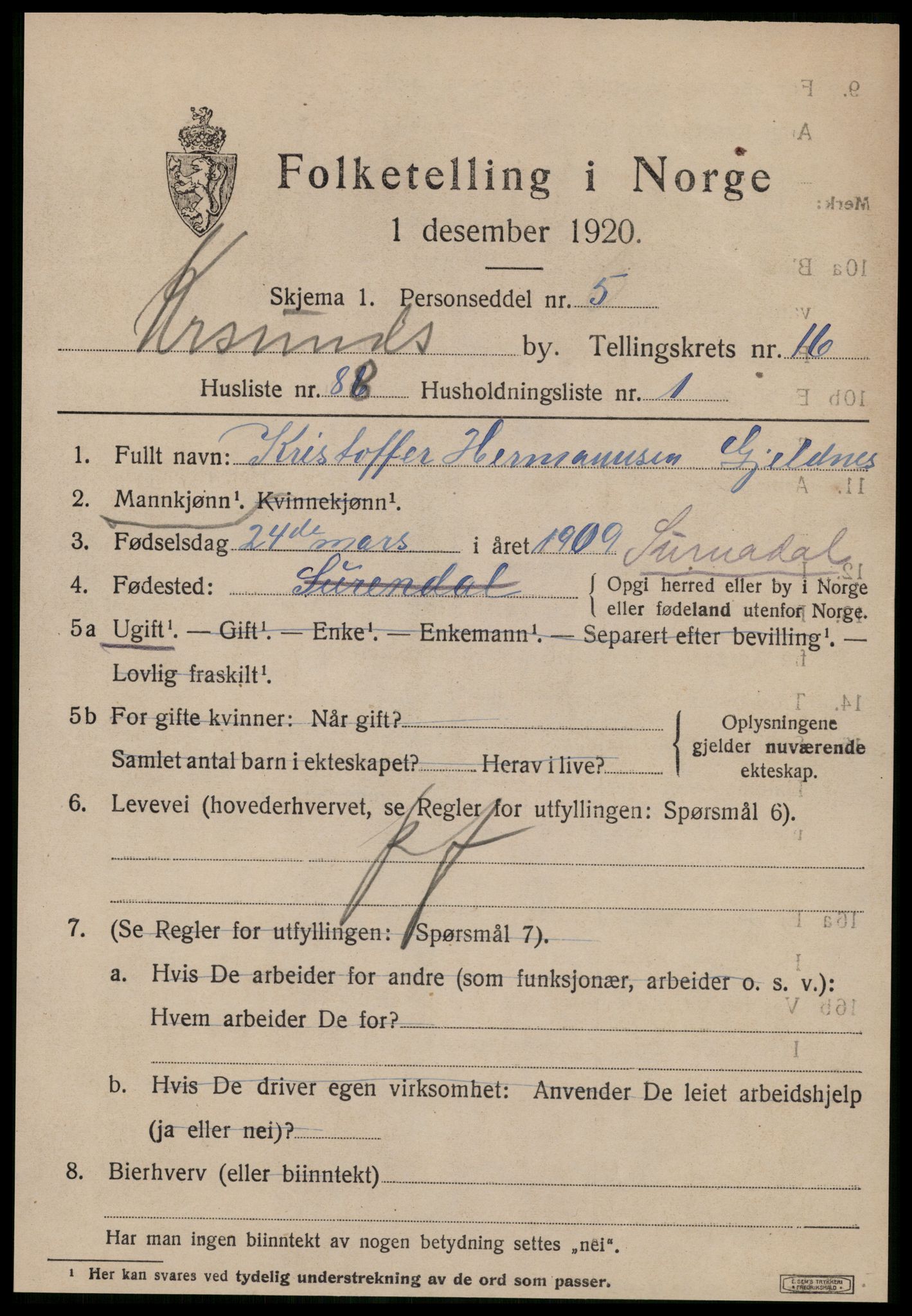 SAT, 1920 census for Kristiansund, 1920, p. 35879