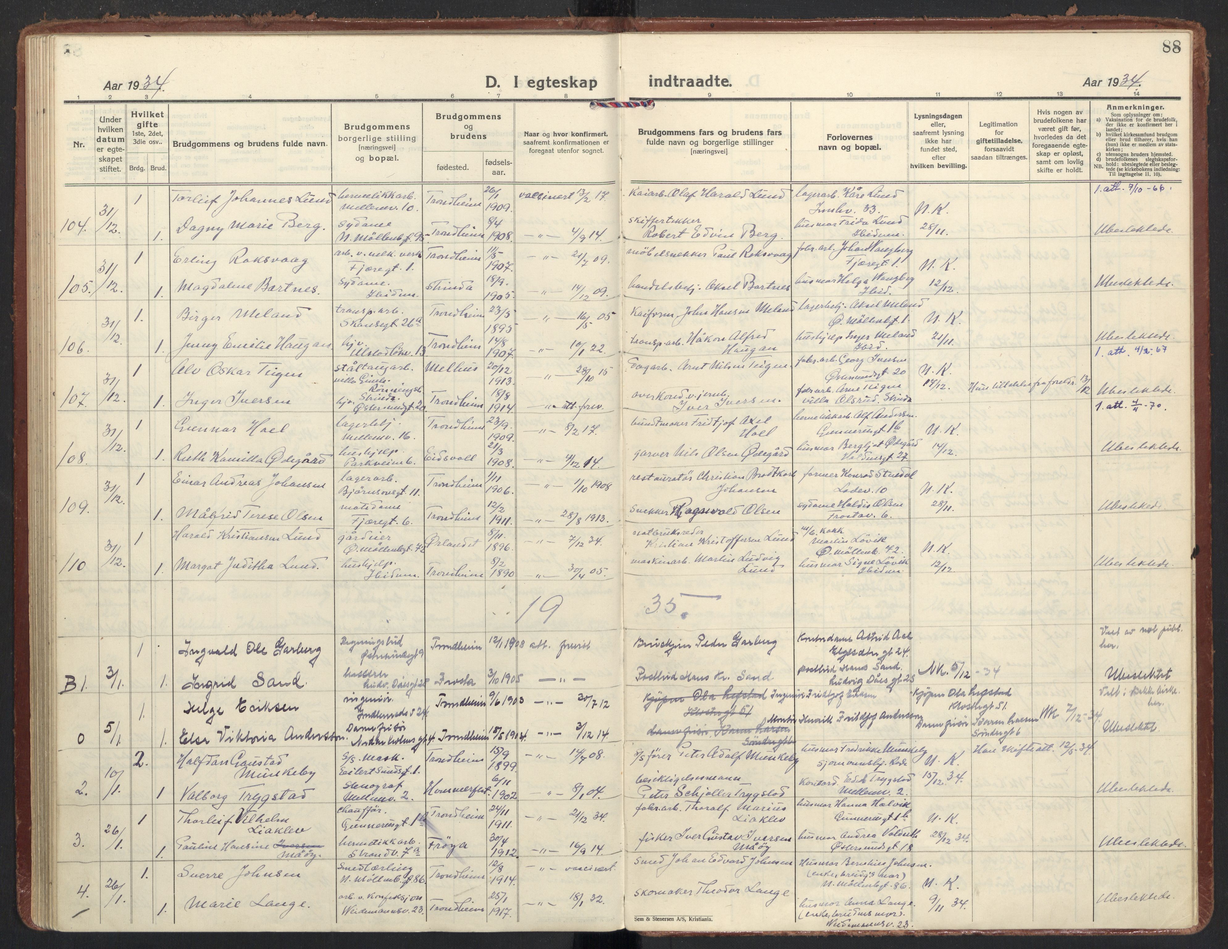 Ministerialprotokoller, klokkerbøker og fødselsregistre - Sør-Trøndelag, SAT/A-1456/605/L0249: Parish register (official) no. 605A11, 1925-1936, p. 88