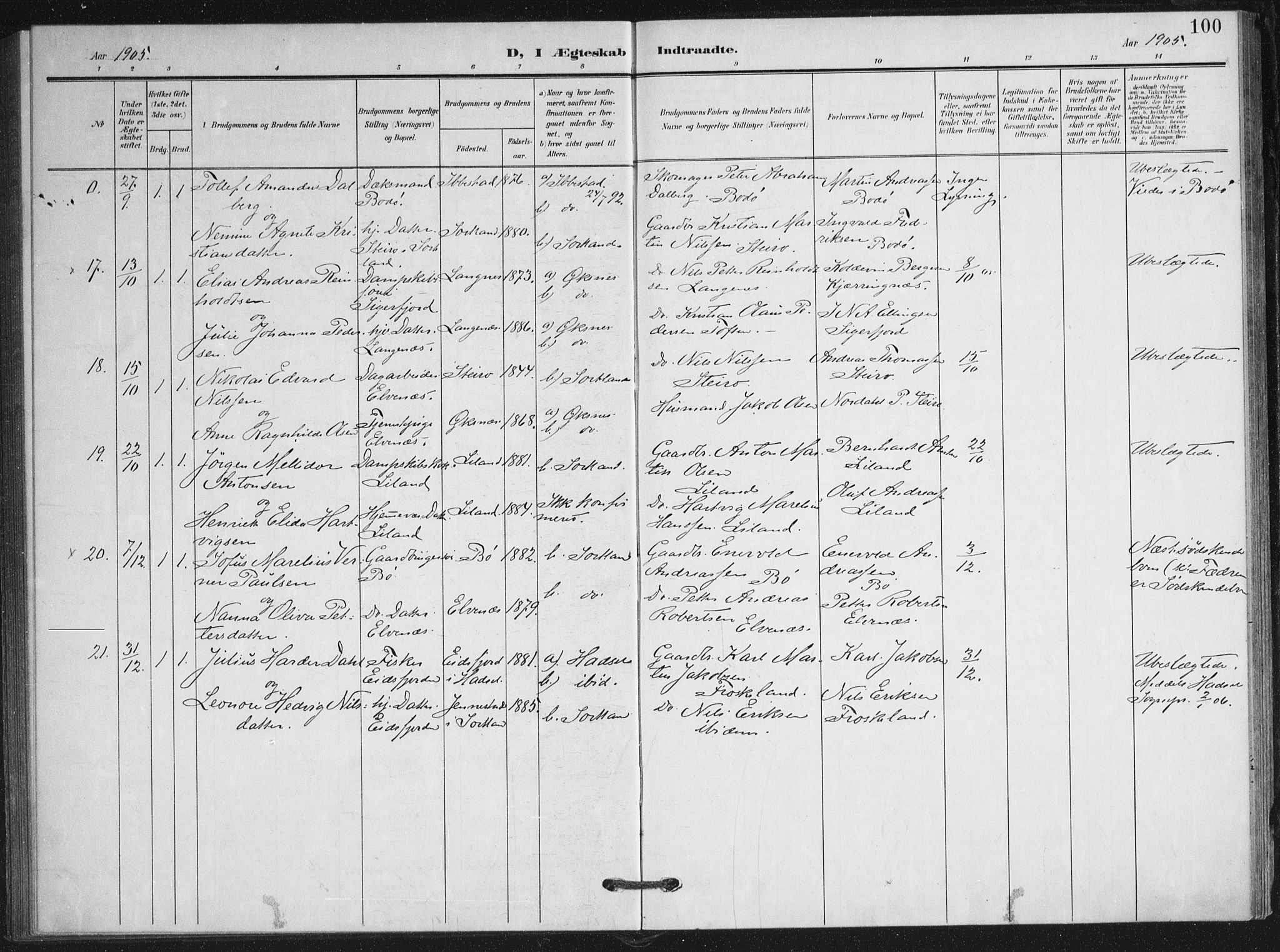 Ministerialprotokoller, klokkerbøker og fødselsregistre - Nordland, AV/SAT-A-1459/895/L1373: Parish register (official) no. 895A08, 1905-1915, p. 100