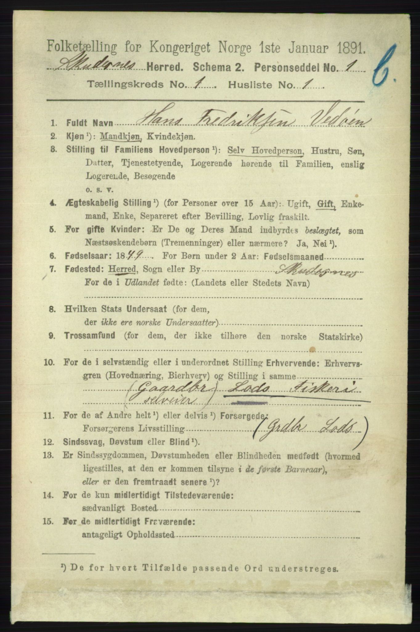 RA, 1891 census for 1150 Skudenes, 1891, p. 3392
