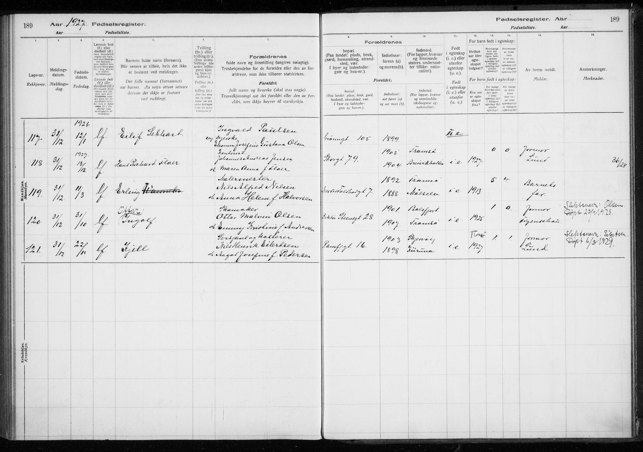 Tromsø sokneprestkontor/stiftsprosti/domprosti, AV/SATØ-S-1343/H/Ha/L0132: Birth register no. 132, 1921-1927, p. 189