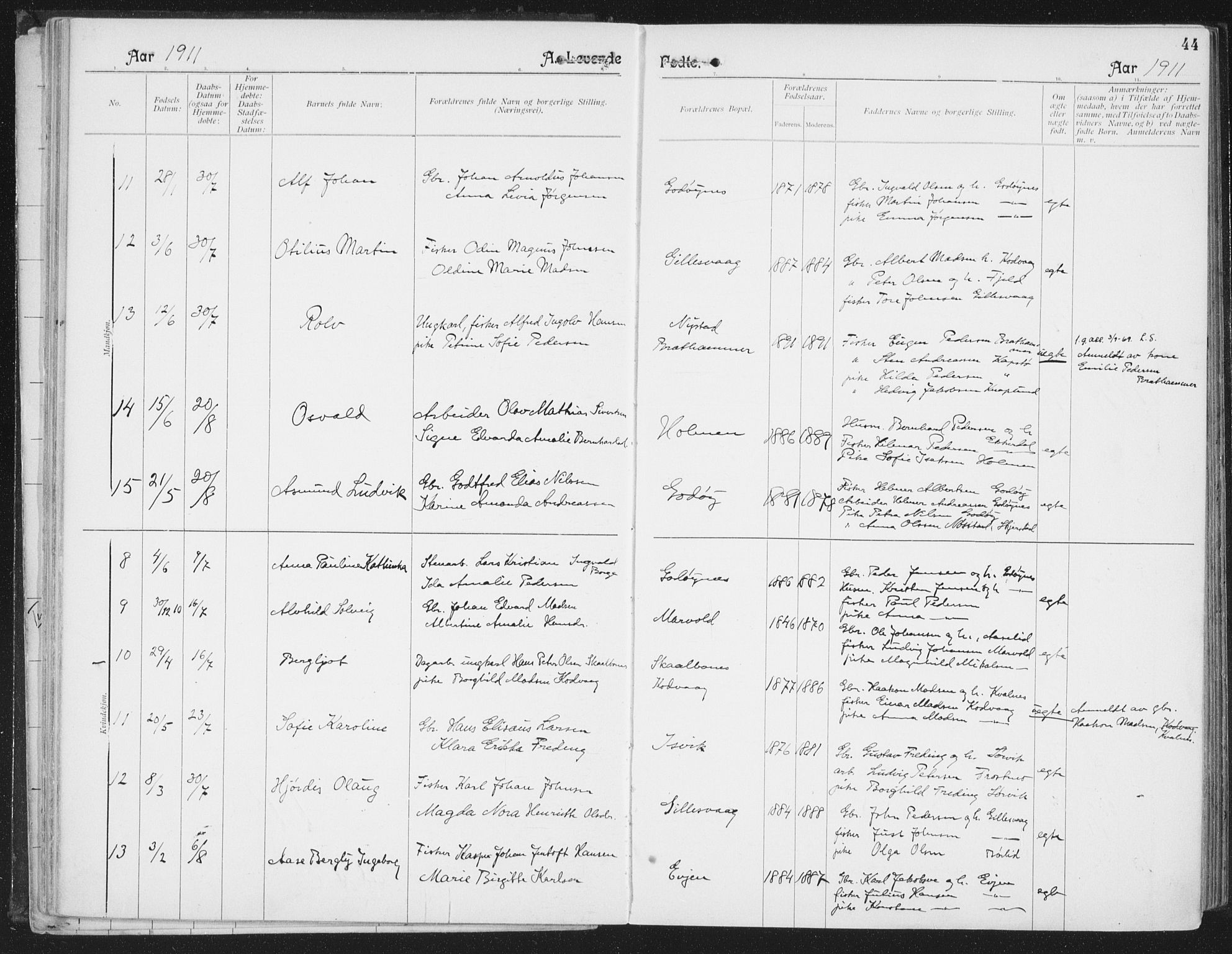 Ministerialprotokoller, klokkerbøker og fødselsregistre - Nordland, AV/SAT-A-1459/804/L0081: Parish register (official) no. 804A02, 1901-1915, p. 44