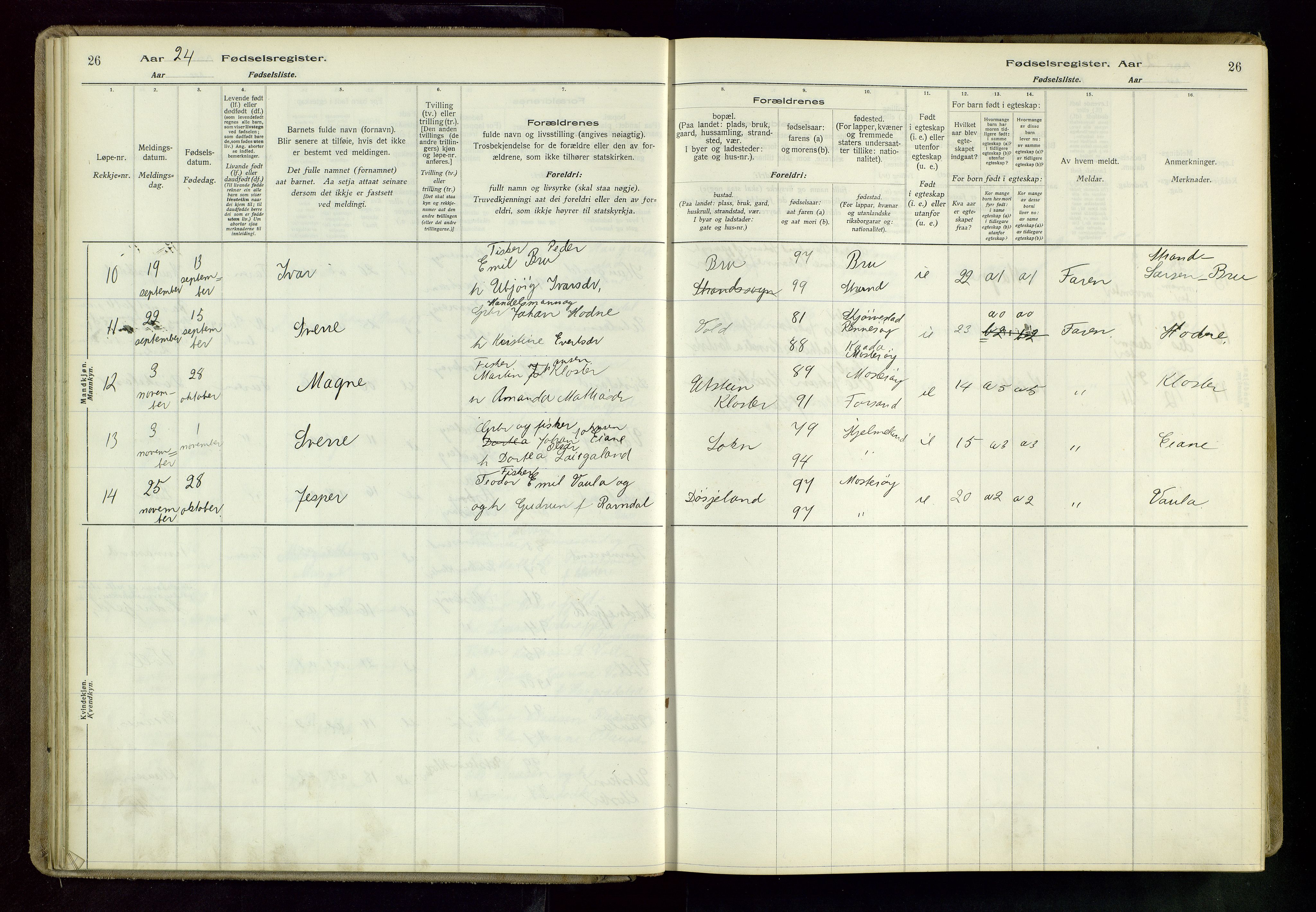 Rennesøy sokneprestkontor, AV/SAST-A -101827/I/Id/L0002: Birth register no. 2, 1916-1982, p. 26