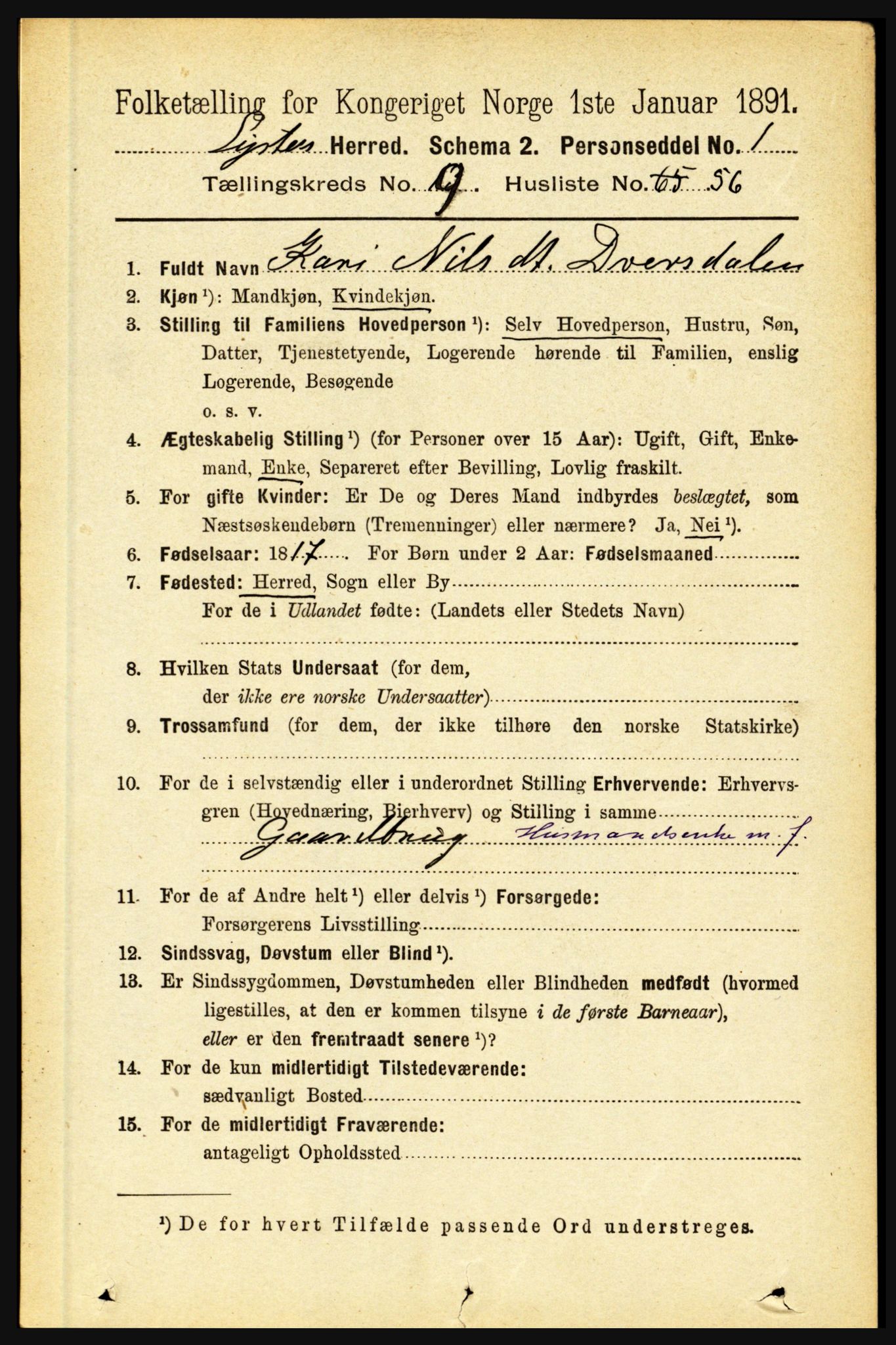 RA, 1891 census for 1426 Luster, 1891, p. 3089