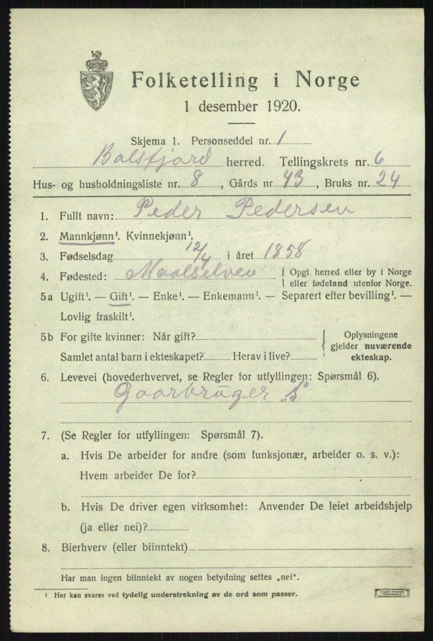 SATØ, 1920 census for Balsfjord, 1920, p. 3824