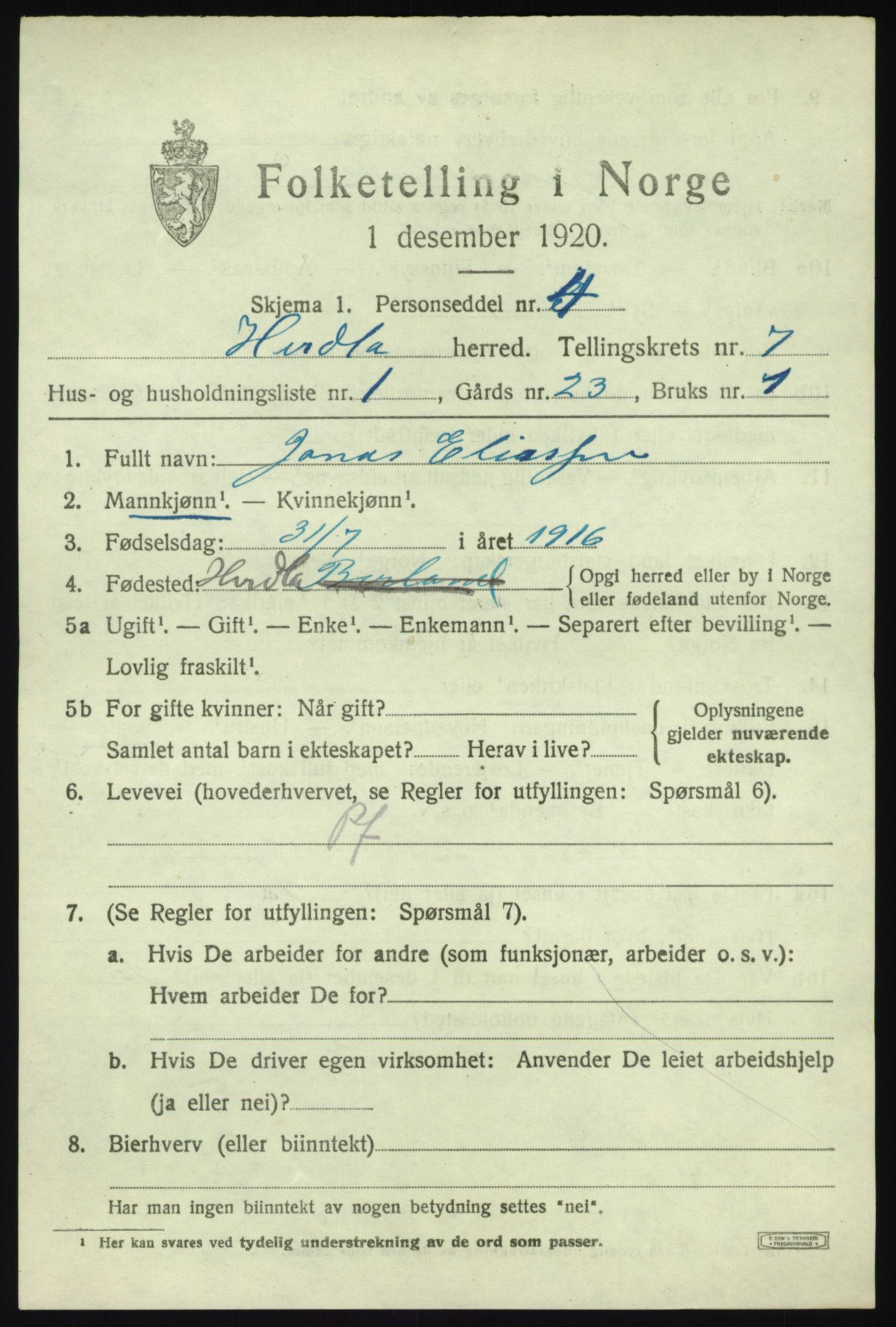 SAB, 1920 census for Herdla, 1920, p. 4875