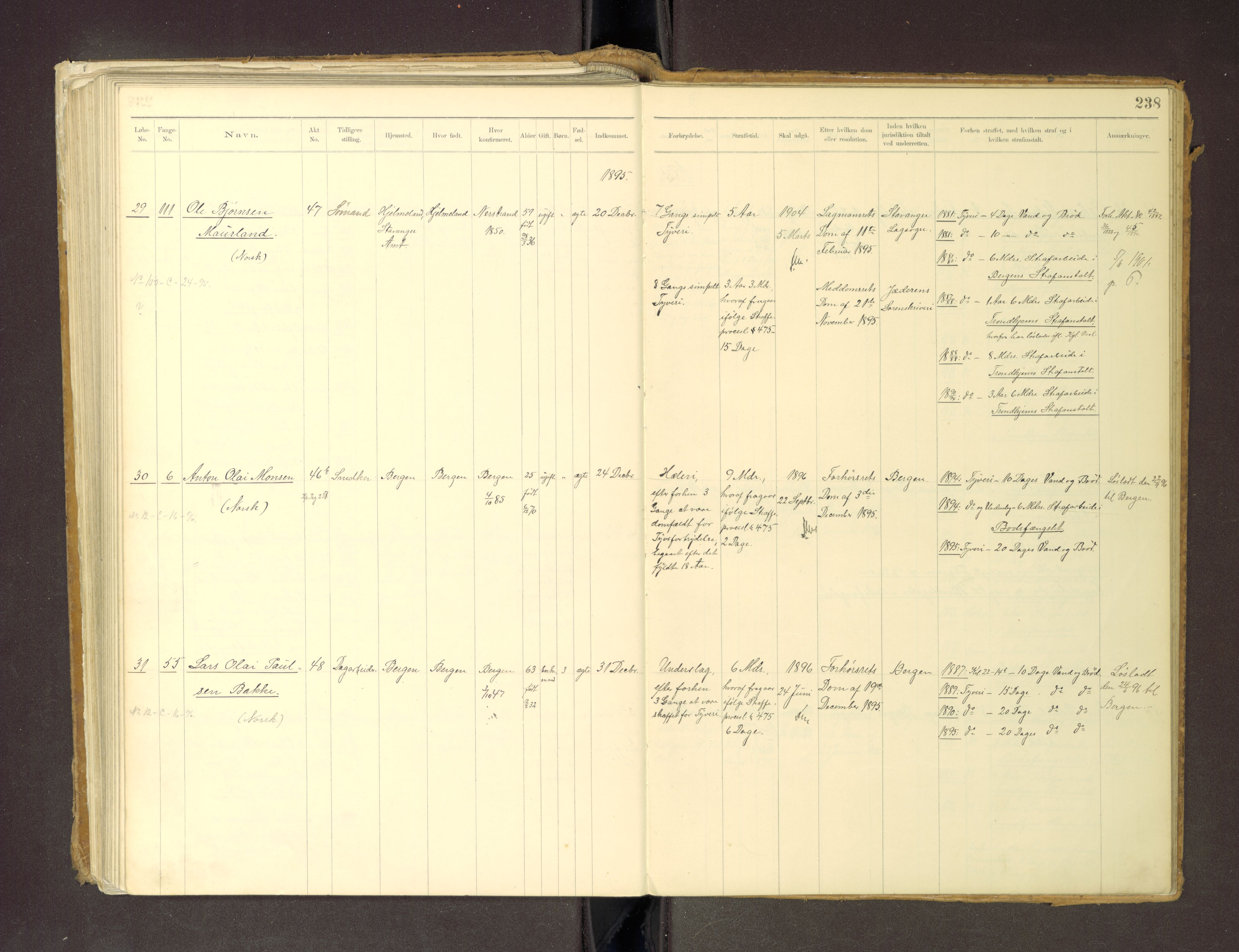 Trondheim tukthus, SAT/A-4619/05/65/L0036: 65.36 Fangeprotokoll m/reg, 1885-1898, p. 238