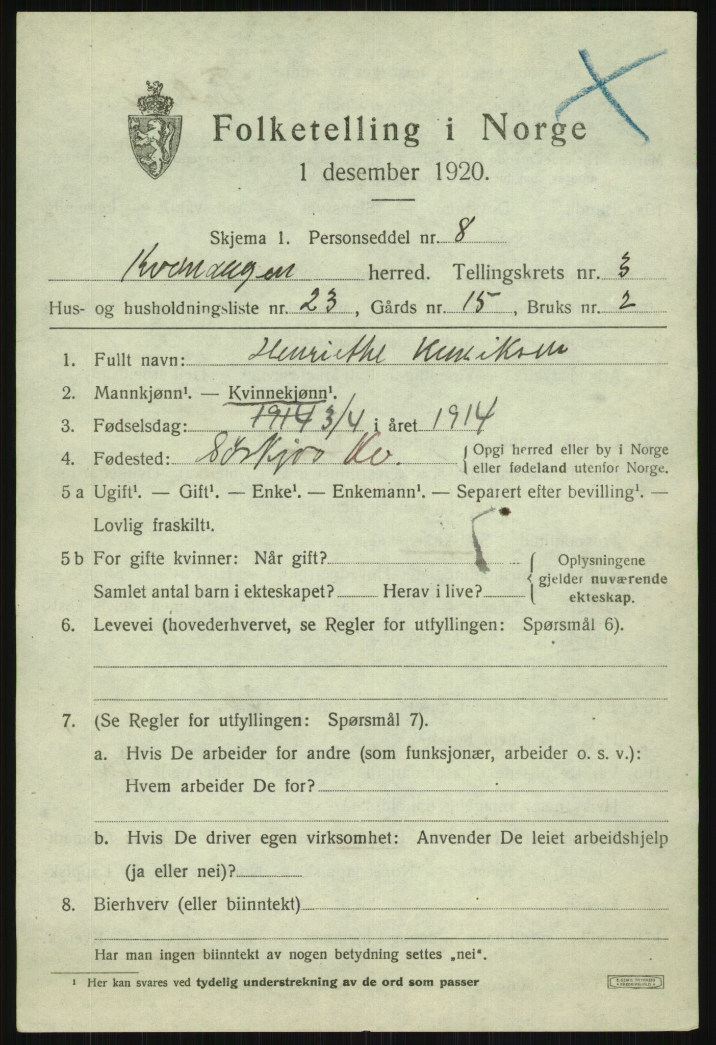 SATØ, 1920 census for Kvænangen, 1920, p. 2018