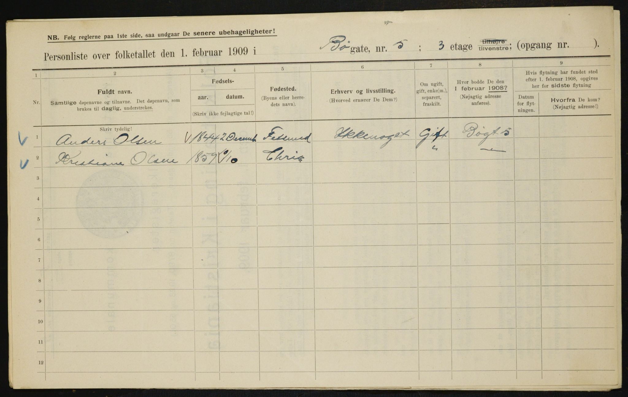 OBA, Municipal Census 1909 for Kristiania, 1909, p. 10019