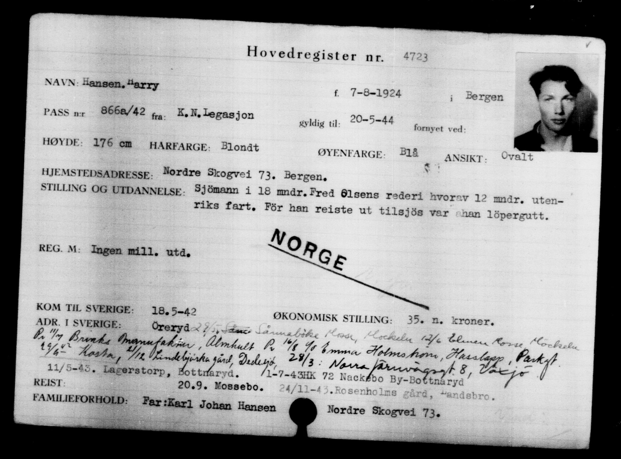 Utenriksstasjonene, Legasjonen i Stockholm, Flyktningkontoret, AV/RA-S-6753/V/Va/L0004: Kjesäterkartoteket, flyktninger med registreringsnr. 3496-6610, 1940-1945, p. 1452