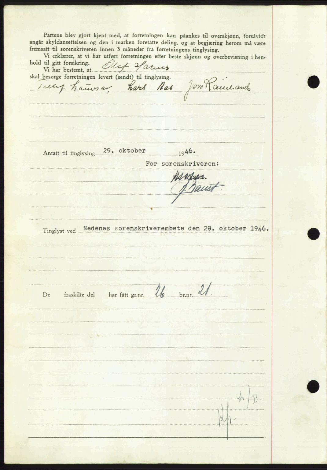 Nedenes sorenskriveri, AV/SAK-1221-0006/G/Gb/Gba/L0056: Mortgage book no. A8, 1946-1947, Diary no: : 1425/1946