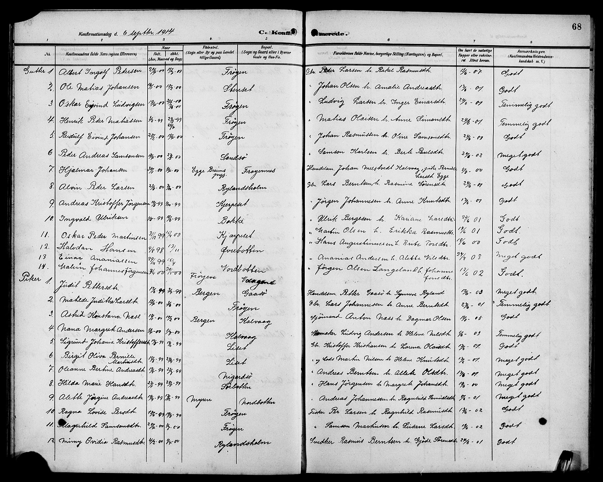 Bremanger sokneprestembete, SAB/A-82201/H/Hab/Habb/L0001: Parish register (copy) no. B 1, 1906-1925, p. 68