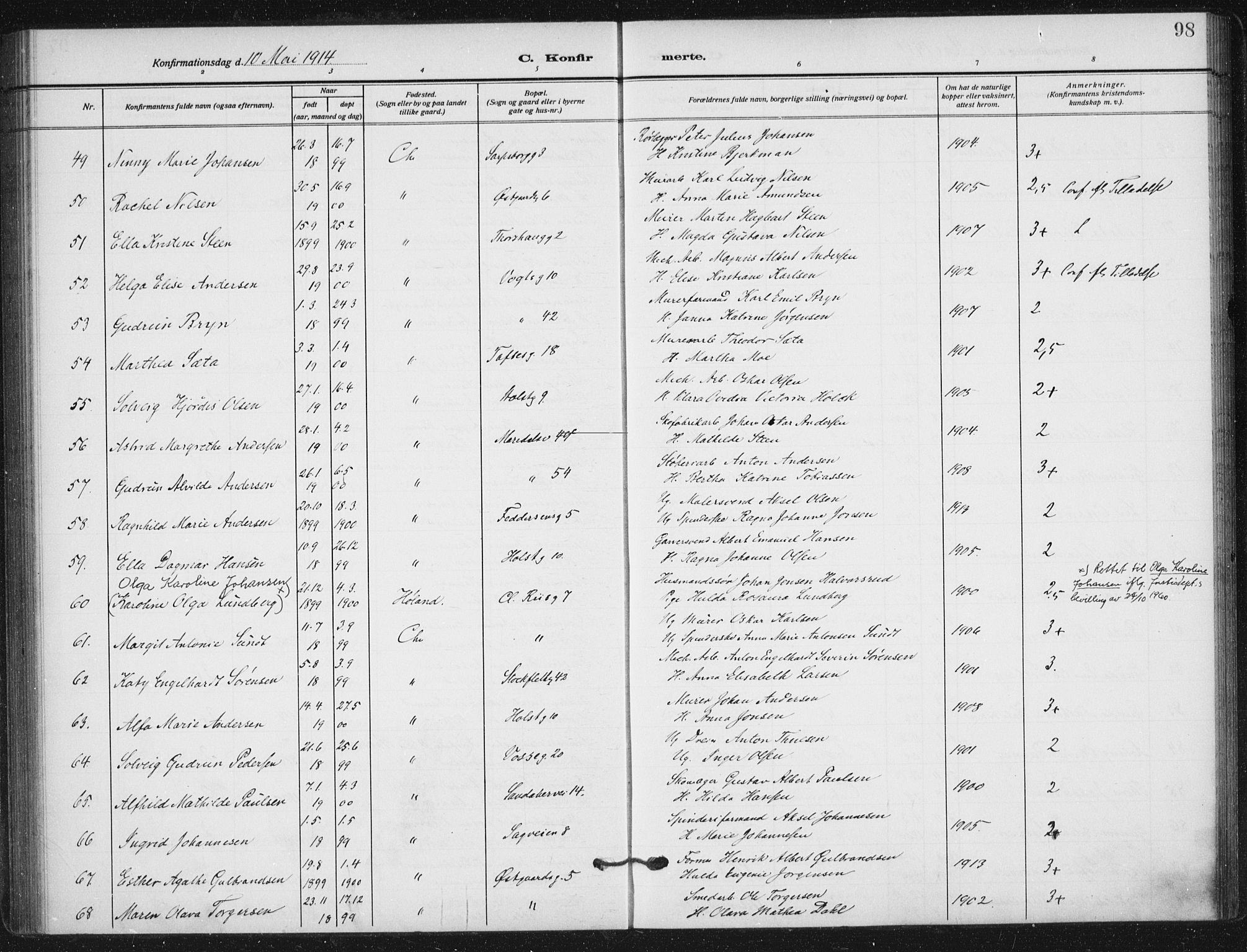 Sagene prestekontor Kirkebøker, SAO/A-10796/F/L0008: Parish register (official) no. 8, 1910-1919, p. 98