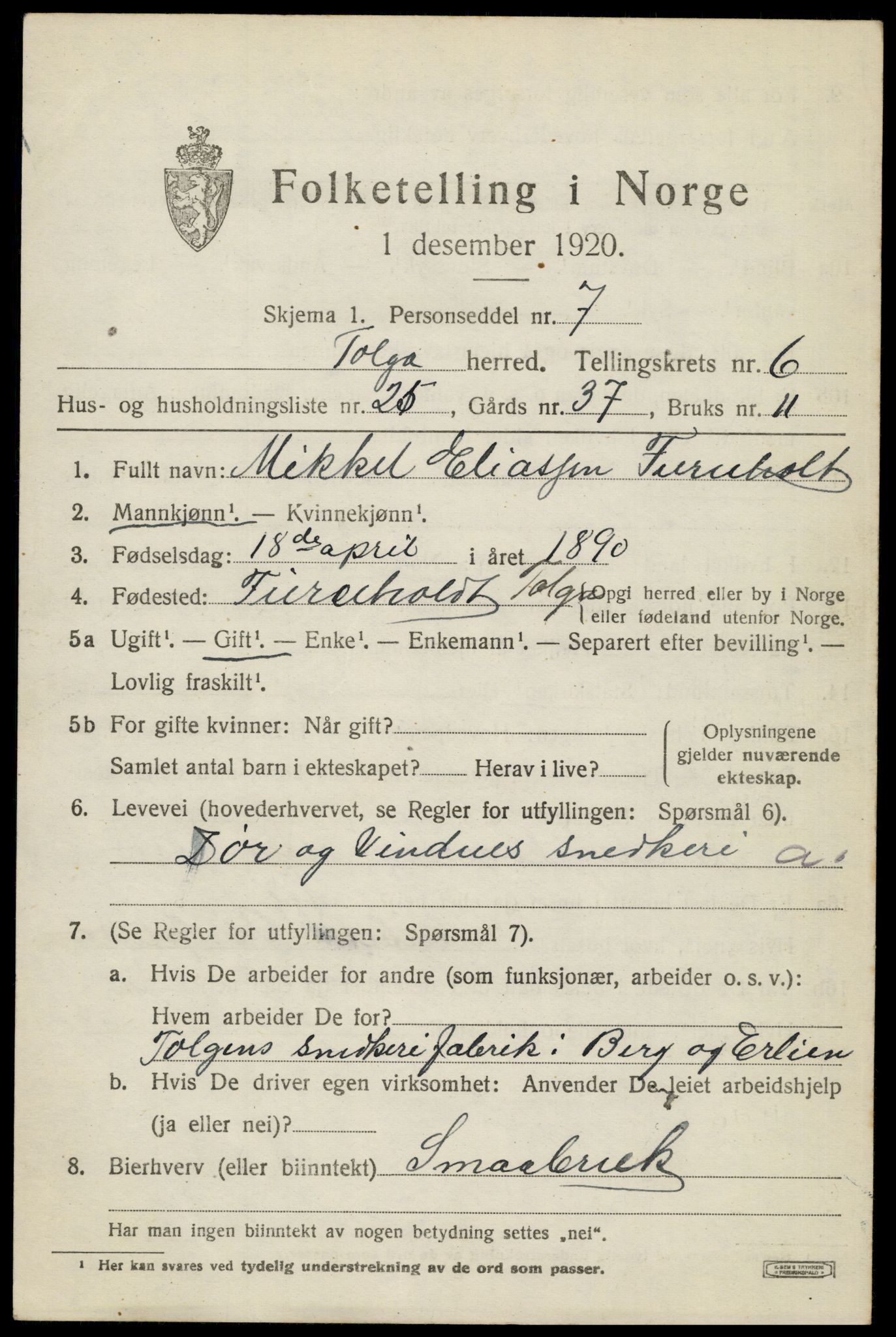 SAH, 1920 census for Tolga, 1920, p. 3913