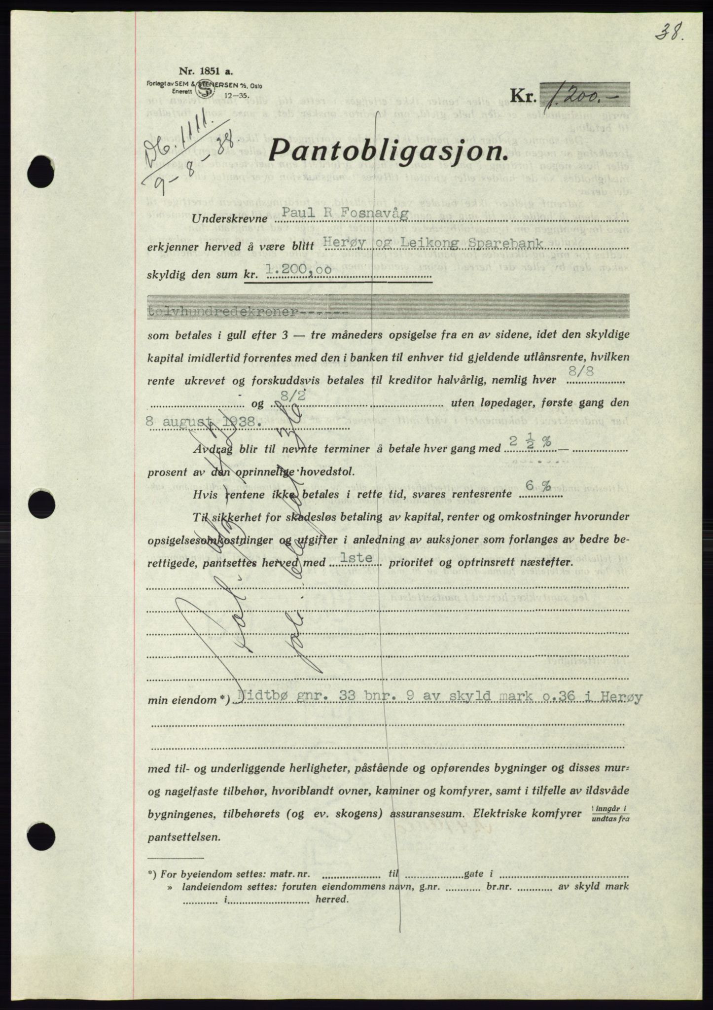 Søre Sunnmøre sorenskriveri, AV/SAT-A-4122/1/2/2C/L0066: Mortgage book no. 60, 1938-1938, Diary no: : 1111/1938