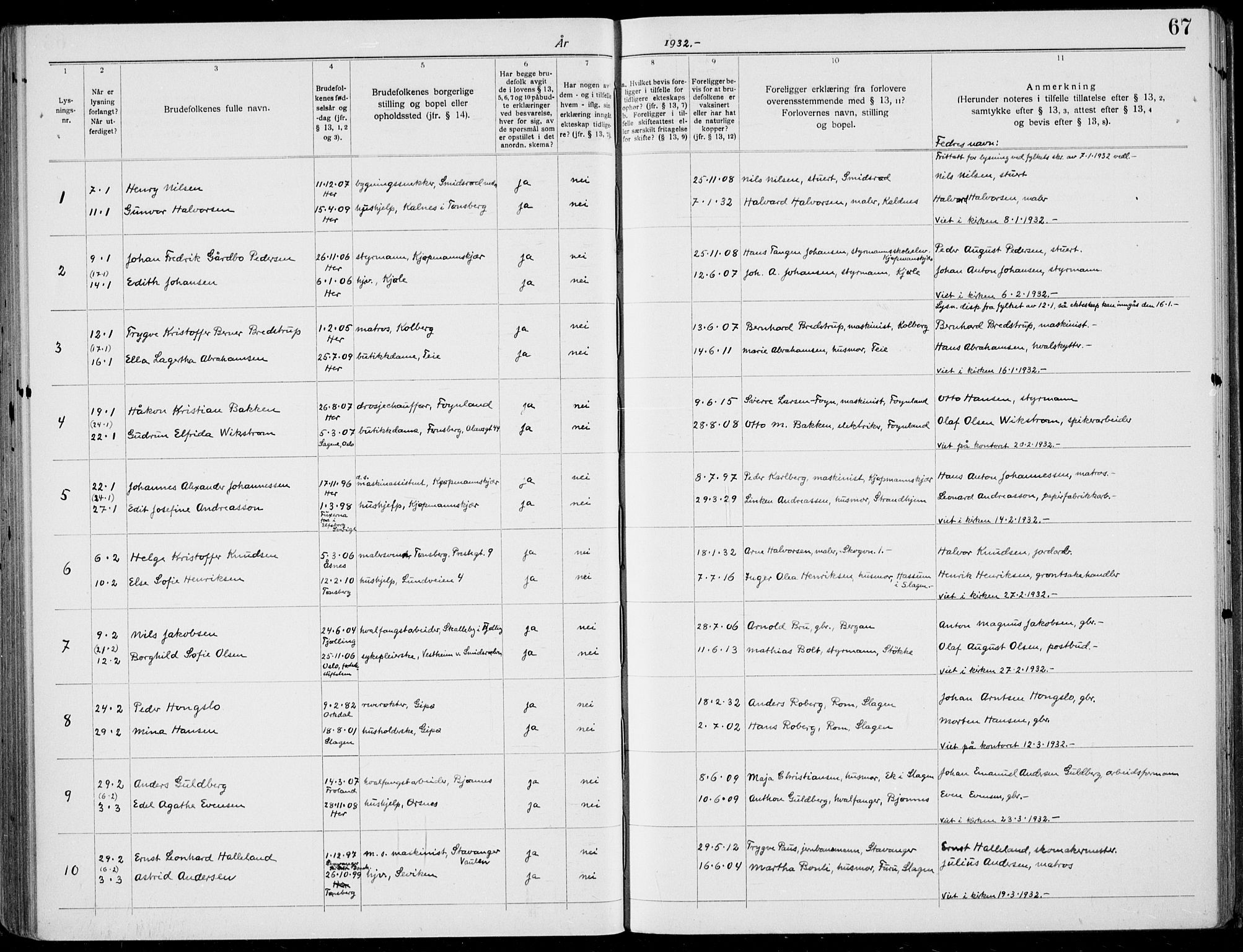 Nøtterøy kirkebøker, AV/SAKO-A-354/H/Ha/L0001: Banns register no. 1, 1919-1937, p. 67