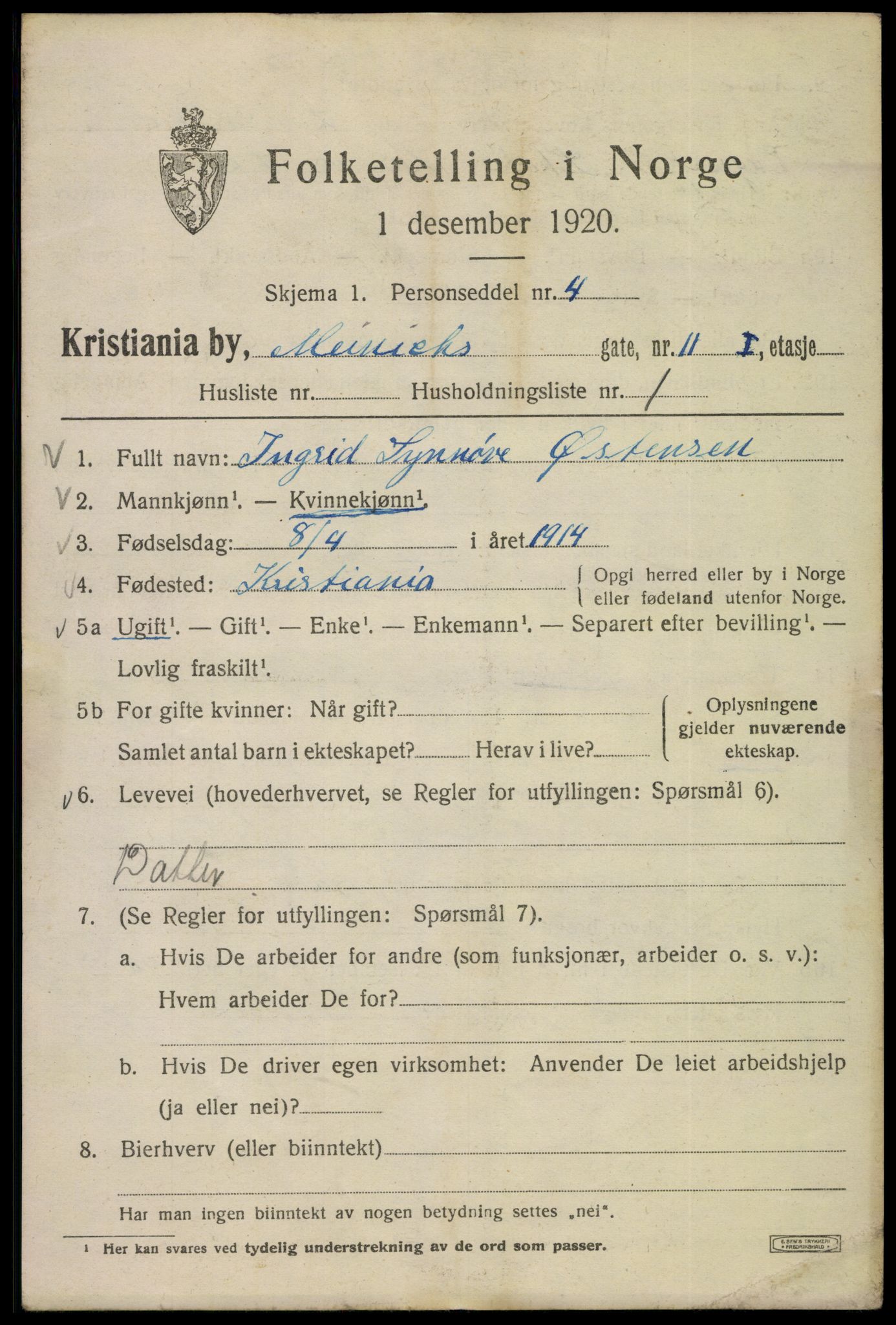 SAO, 1920 census for Kristiania, 1920, p. 393567