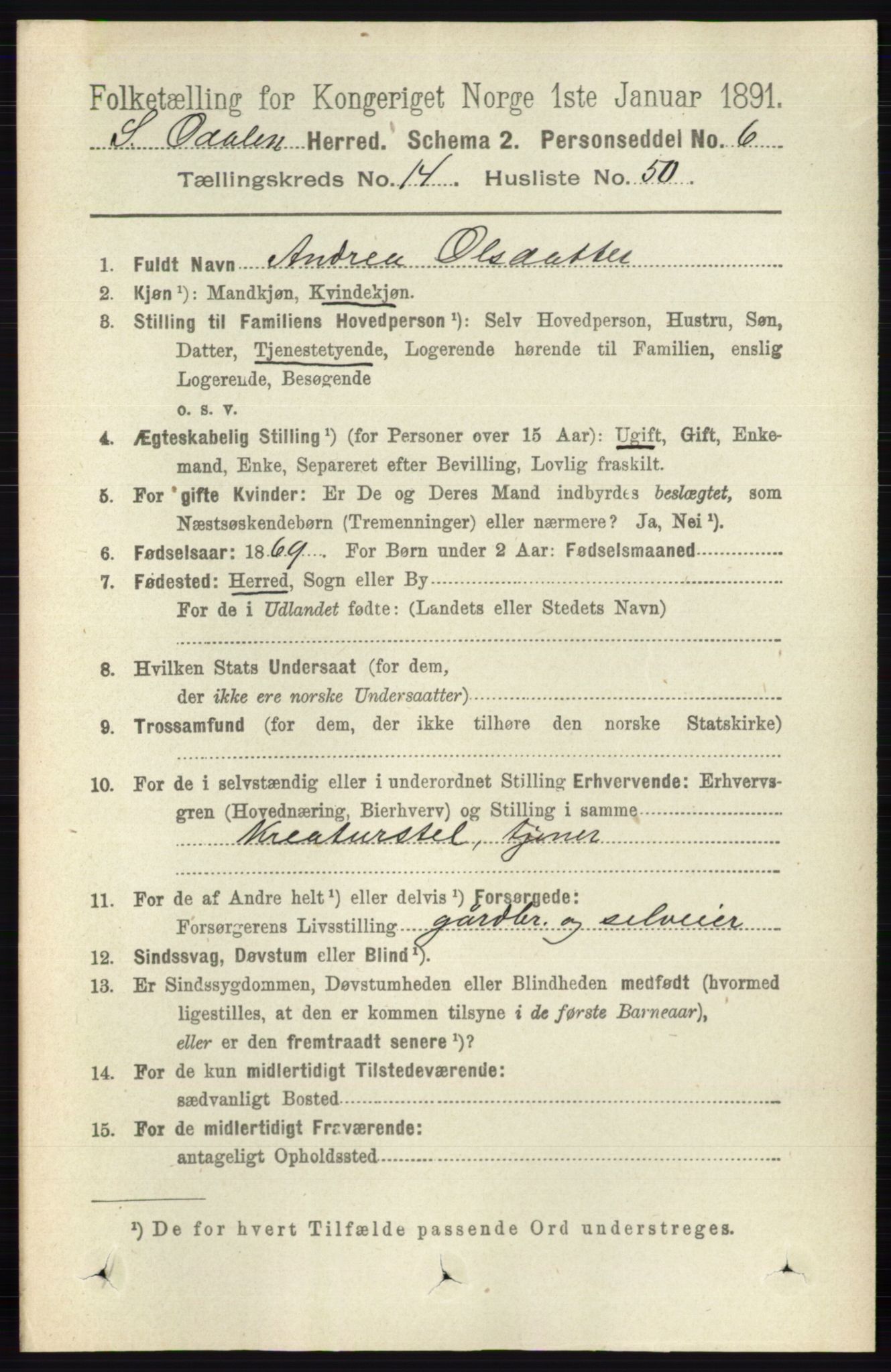 RA, 1891 census for 0419 Sør-Odal, 1891, p. 6353