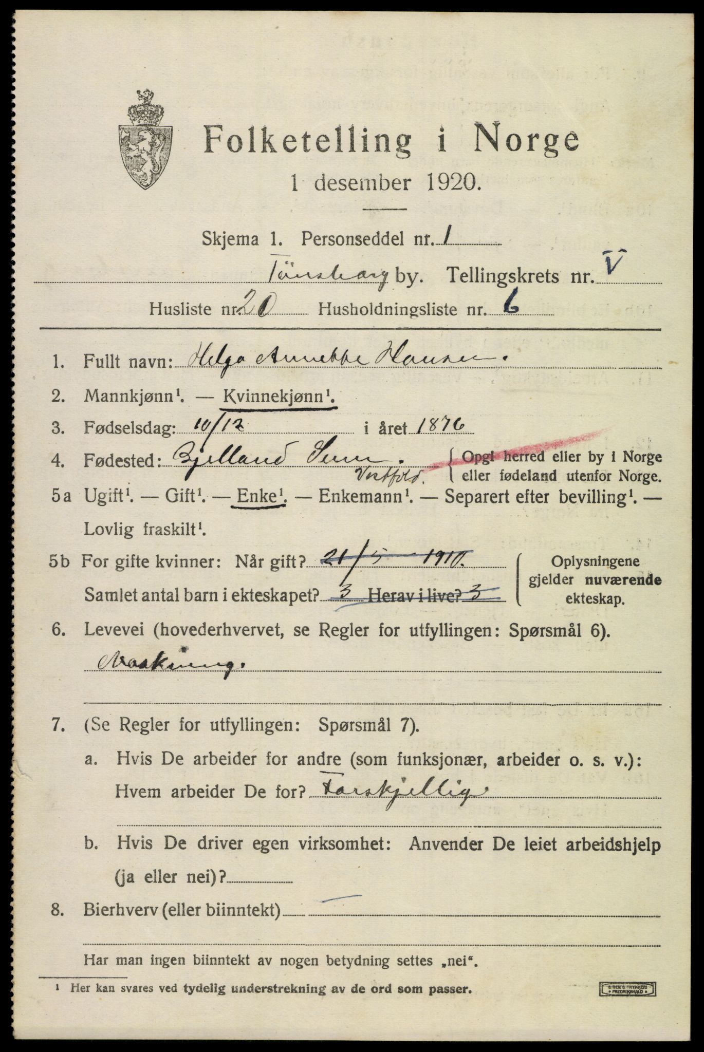 SAKO, 1920 census for Tønsberg, 1920, p. 13769