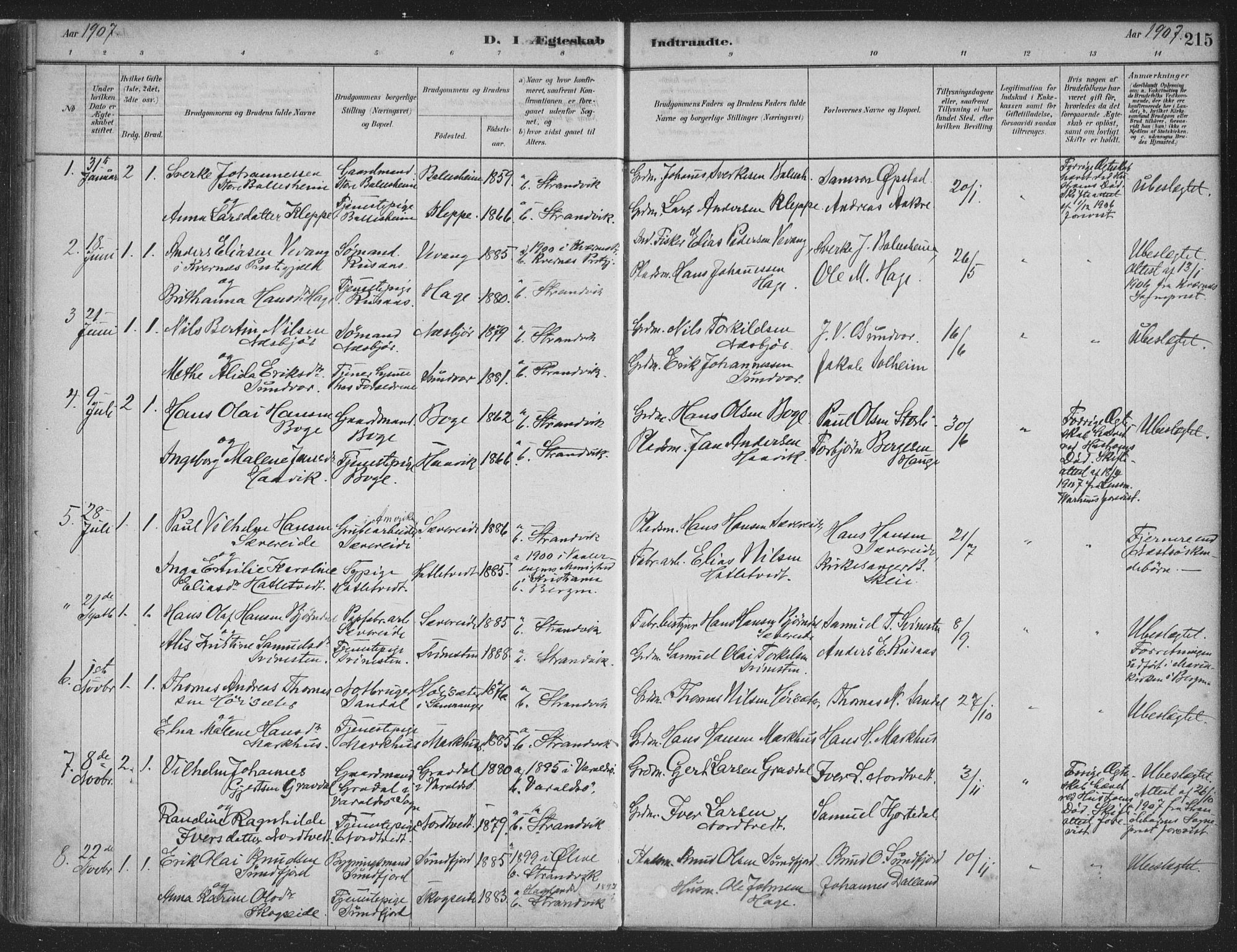 Fusa sokneprestembete, SAB/A-75401/H/Haa: Parish register (official) no. D 1, 1880-1938, p. 215