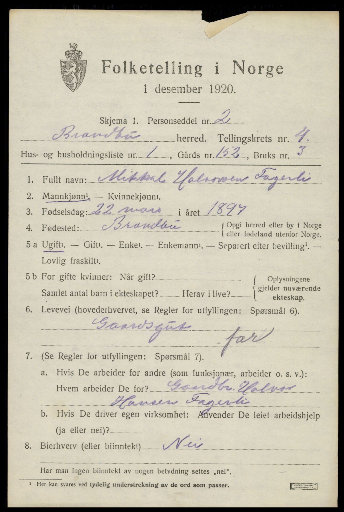 SAH, 1920 census for Brandbu, 1920, p. 10527