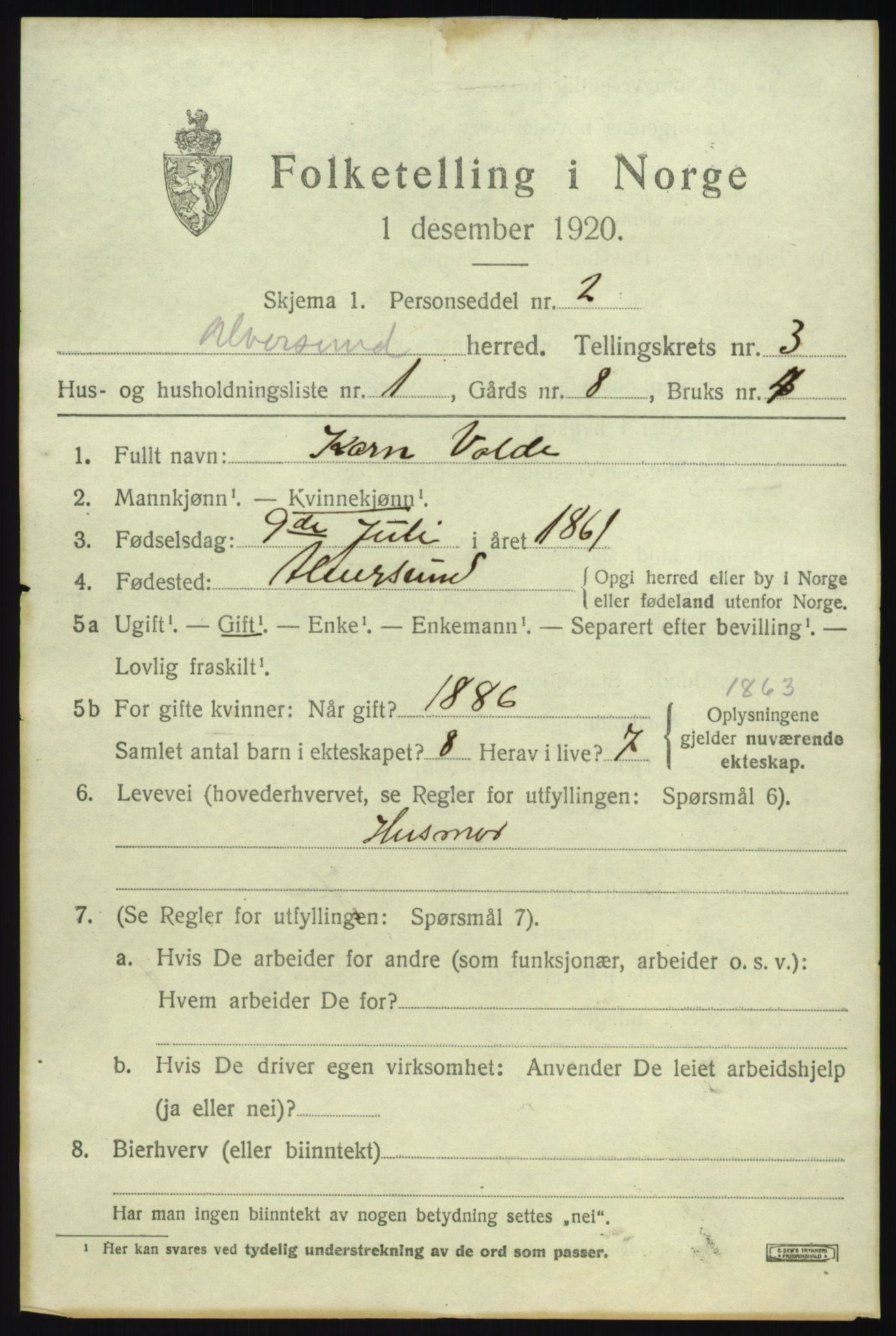 SAB, 1920 census for Alversund, 1920, p. 2018