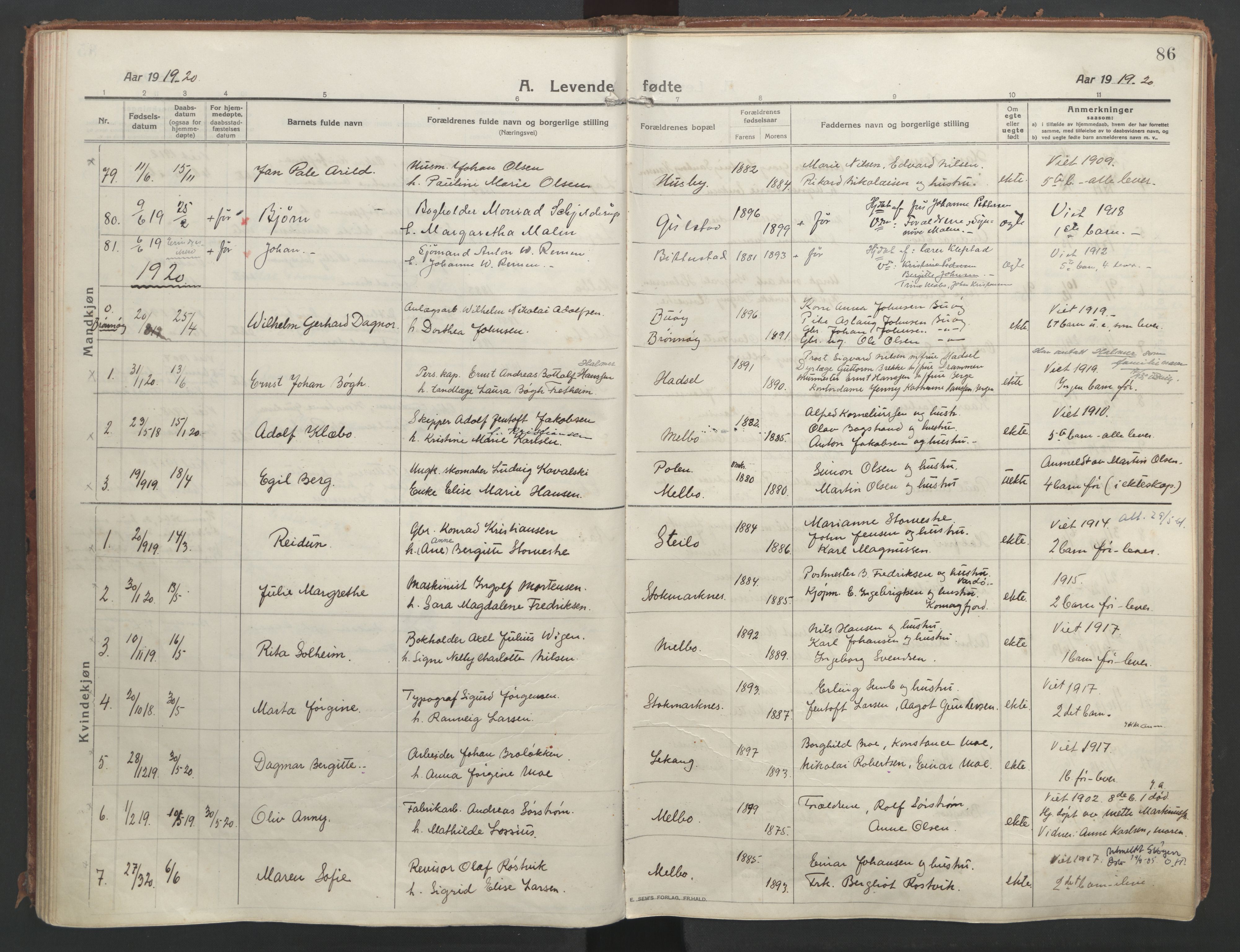 Ministerialprotokoller, klokkerbøker og fødselsregistre - Nordland, AV/SAT-A-1459/888/L1250: Parish register (official) no. 888A16, 1913-1925, p. 86