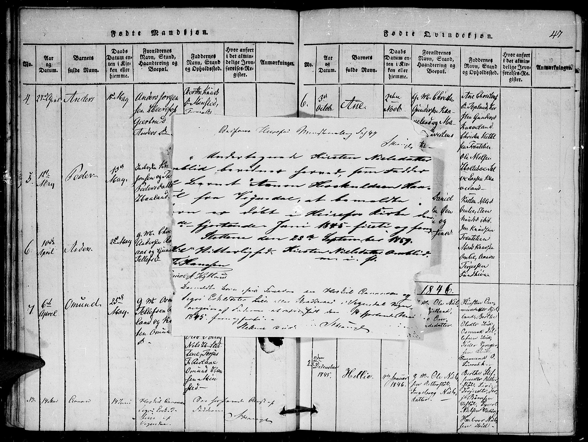 Herefoss sokneprestkontor, AV/SAK-1111-0019/F/Fa/Faa/L0001: Parish register (official) no. A 1, 1816-1860, p. 47