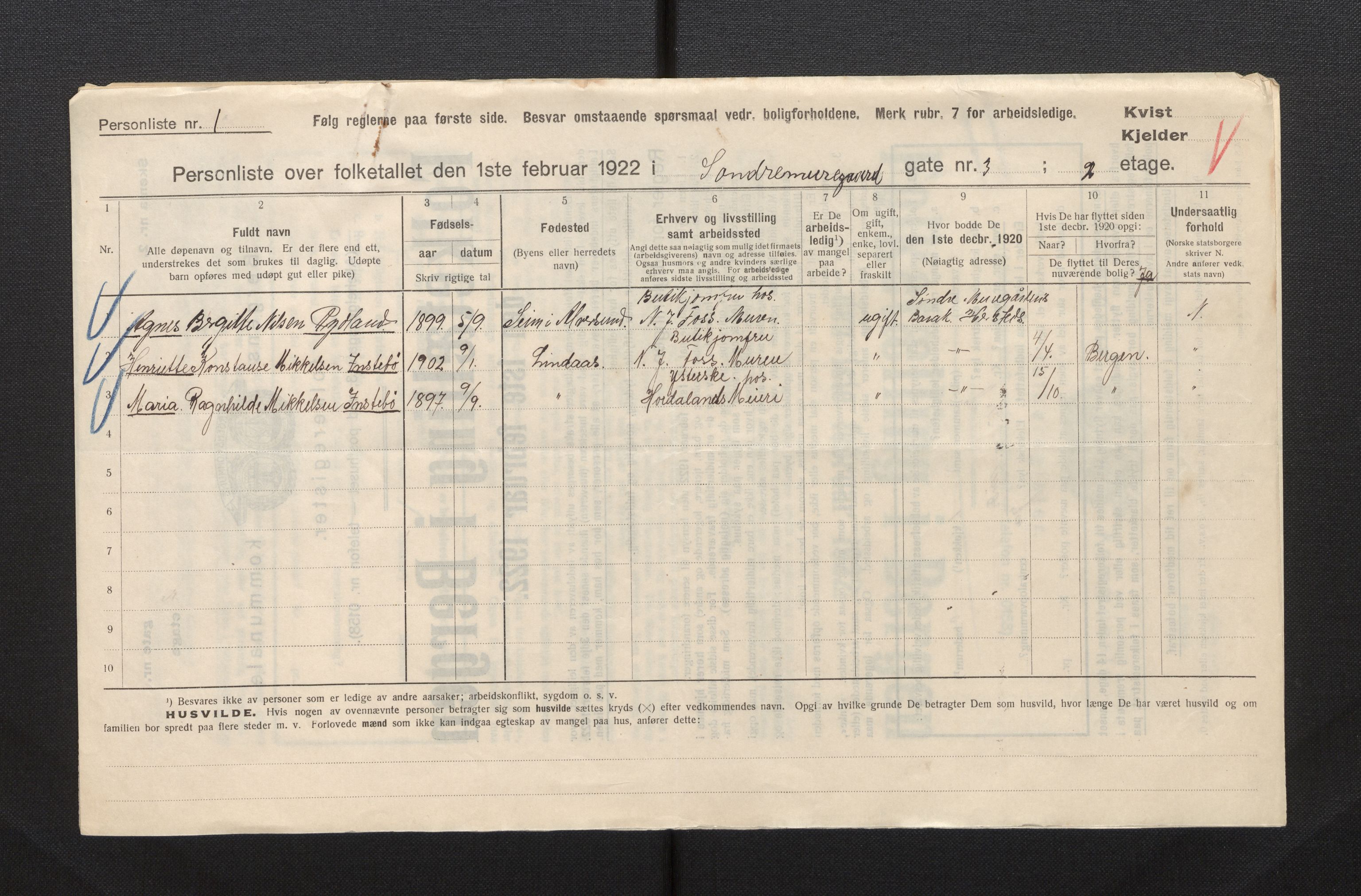 SAB, Municipal Census 1922 for Bergen, 1922, p. 25679