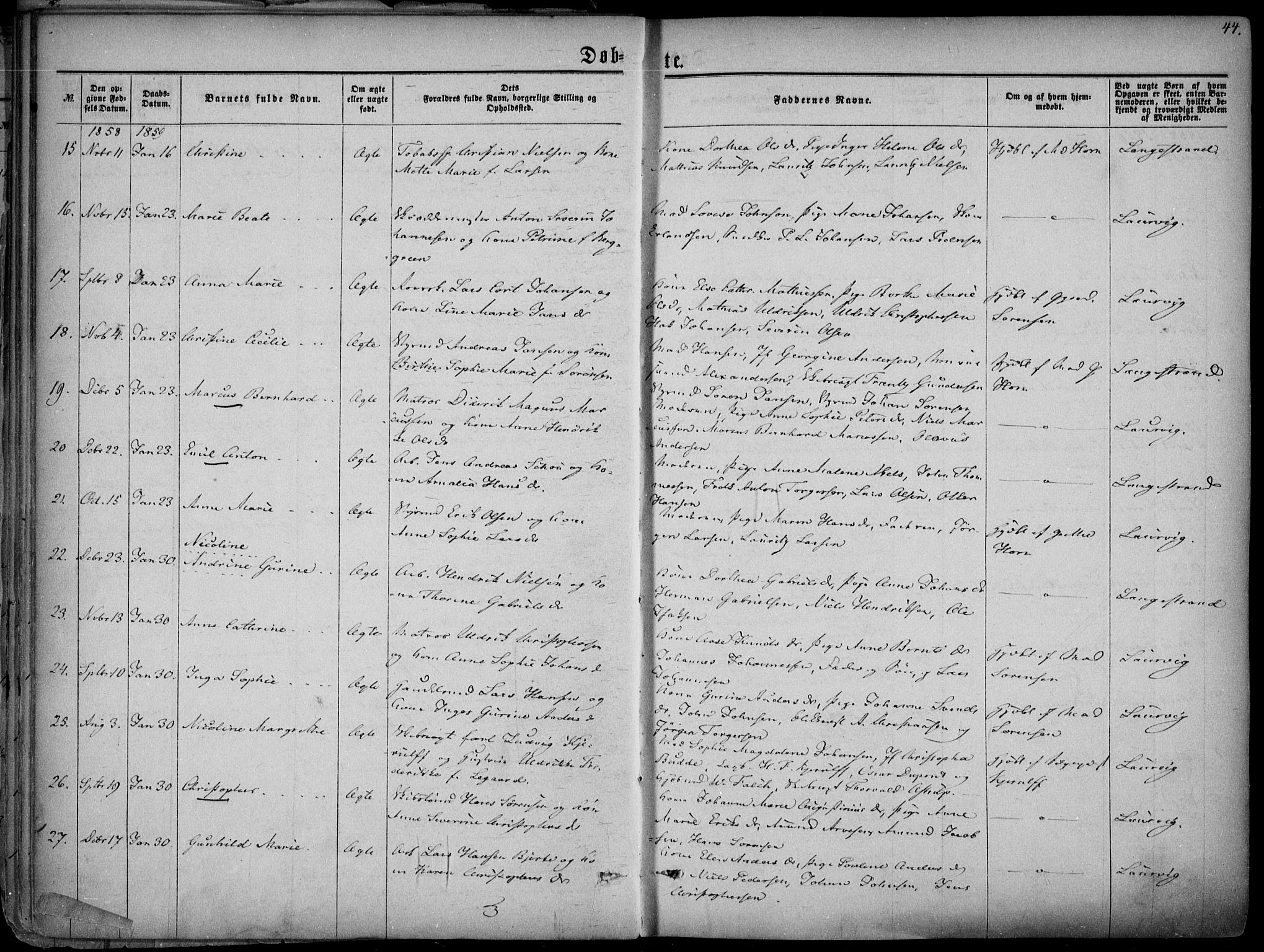 Larvik kirkebøker, AV/SAKO-A-352/F/Fa/L0004: Parish register (official) no. I 4, 1856-1870, p. 44