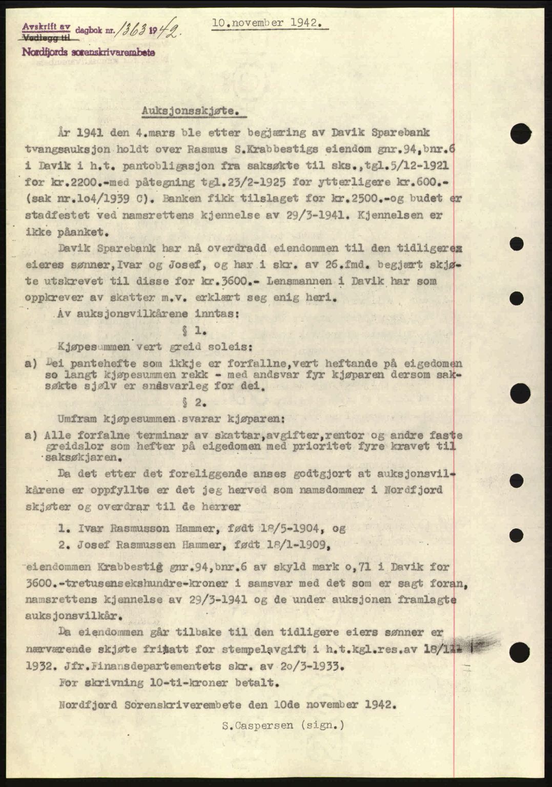 Nordfjord sorenskriveri, AV/SAB-A-2801/02/02b/02bj/L0007: Mortgage book no. A7, 1941-1943, Diary no: : 1362/1942