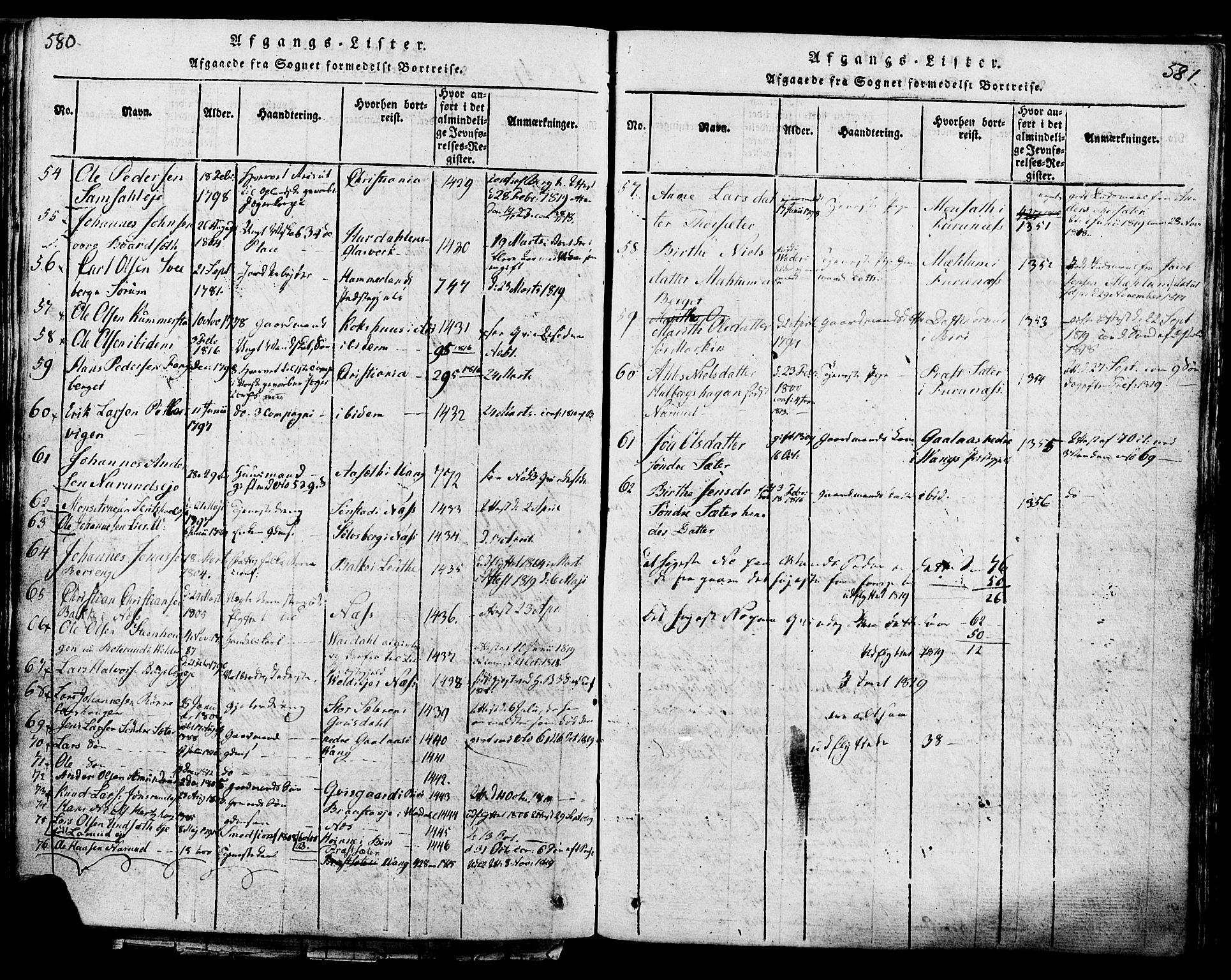 Ringsaker prestekontor, AV/SAH-PREST-014/K/Ka/L0005: Parish register (official) no. 5, 1814-1826, p. 580-581