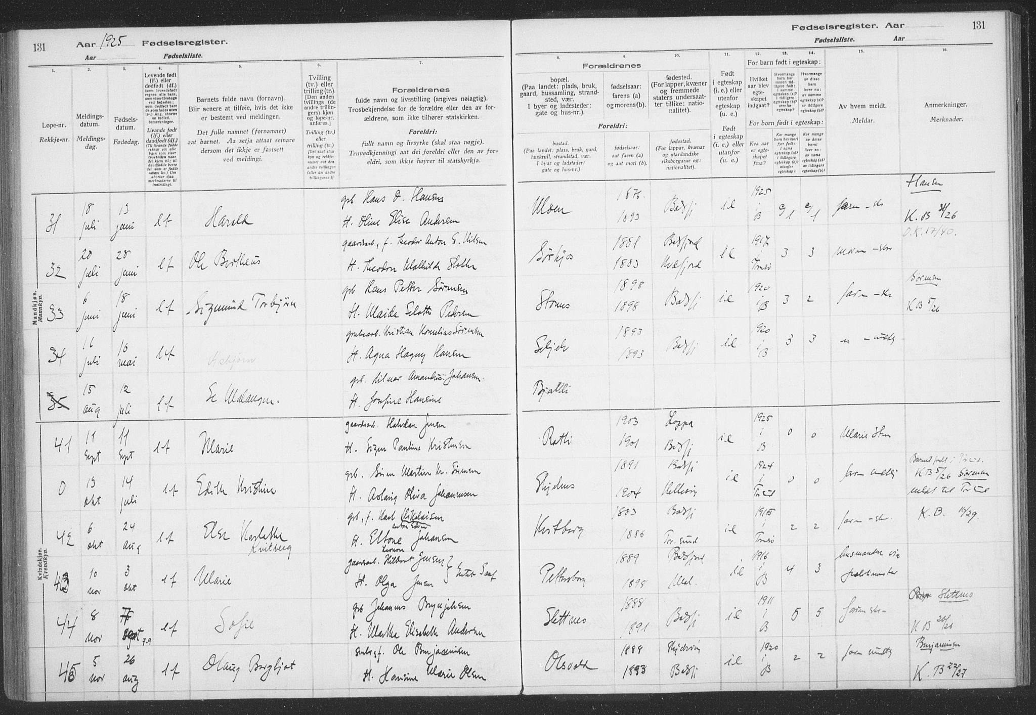 Balsfjord sokneprestembete, AV/SATØ-S-1303/H/Hb/L0059: Birth register no. 59, 1916-1930, p. 131