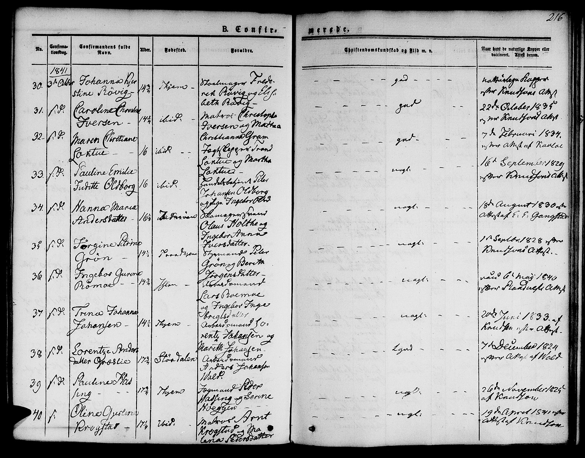 Ministerialprotokoller, klokkerbøker og fødselsregistre - Sør-Trøndelag, SAT/A-1456/601/L0048: Parish register (official) no. 601A16, 1840-1847, p. 216