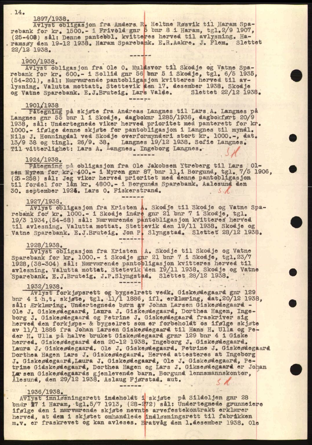 Nordre Sunnmøre sorenskriveri, SAT/A-0006/1/2/2C/2Ca: Mortgage book no. B1-6, 1938-1942, Diary no: : 1897/1938