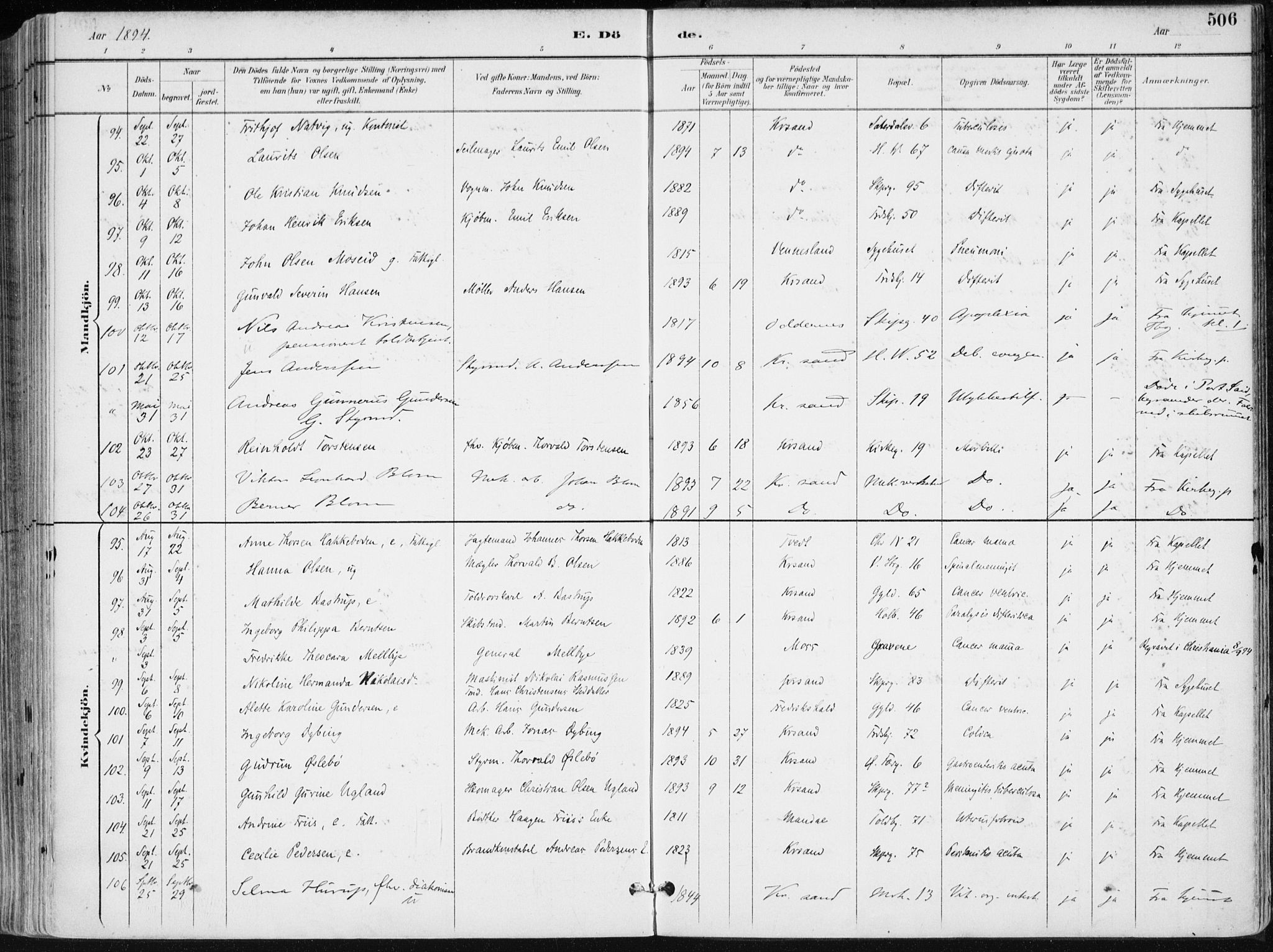 Kristiansand domprosti, SAK/1112-0006/F/Fa/L0019: Parish register (official) no. A 18, 1890-1897, p. 506