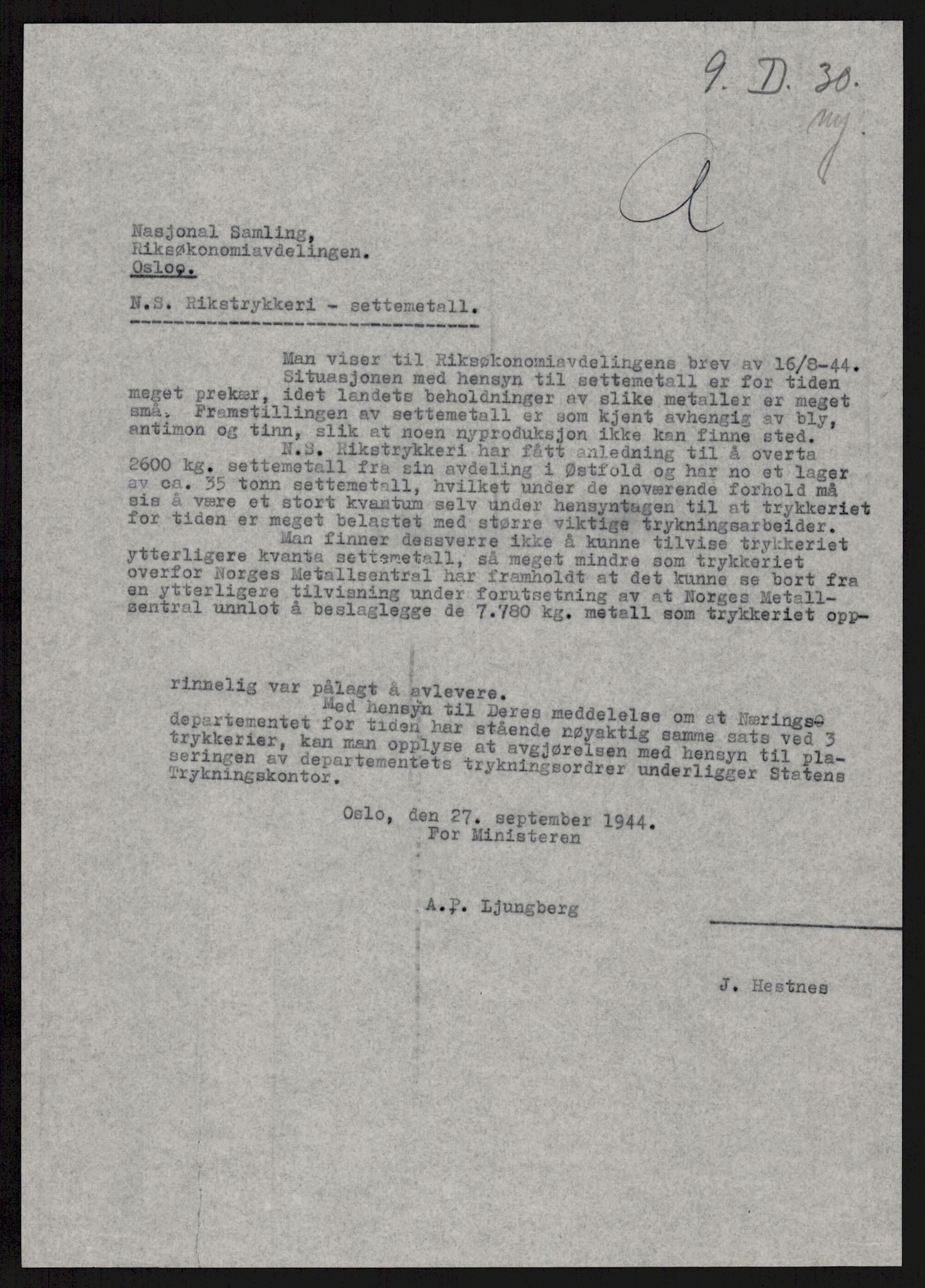 Direktoratet for industriforsyning, Sekretariatet, RA/S-4153/D/Df/L0055: 9. Metallkontoret, 1940-1945, p. 1633